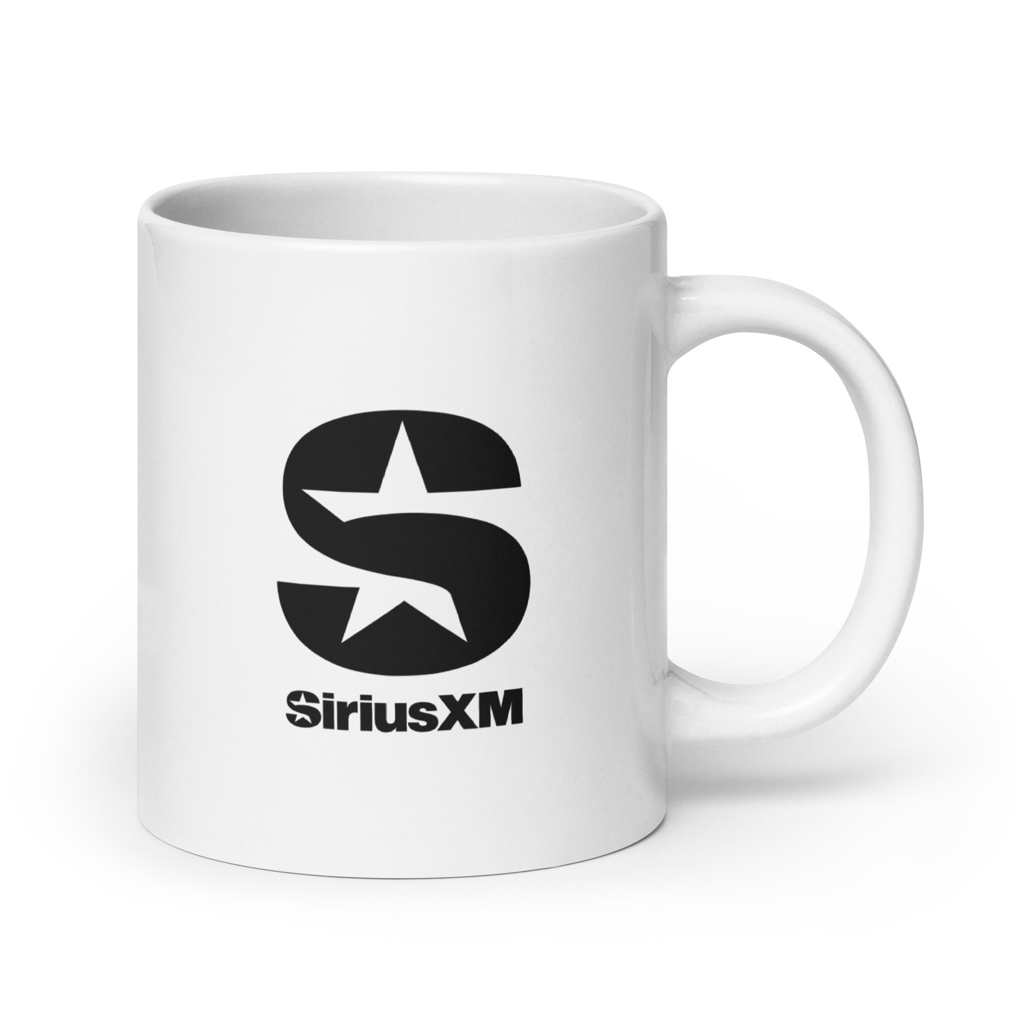 White mug featuring the 'SiriusXM' logo with an 'S' and a star design.
