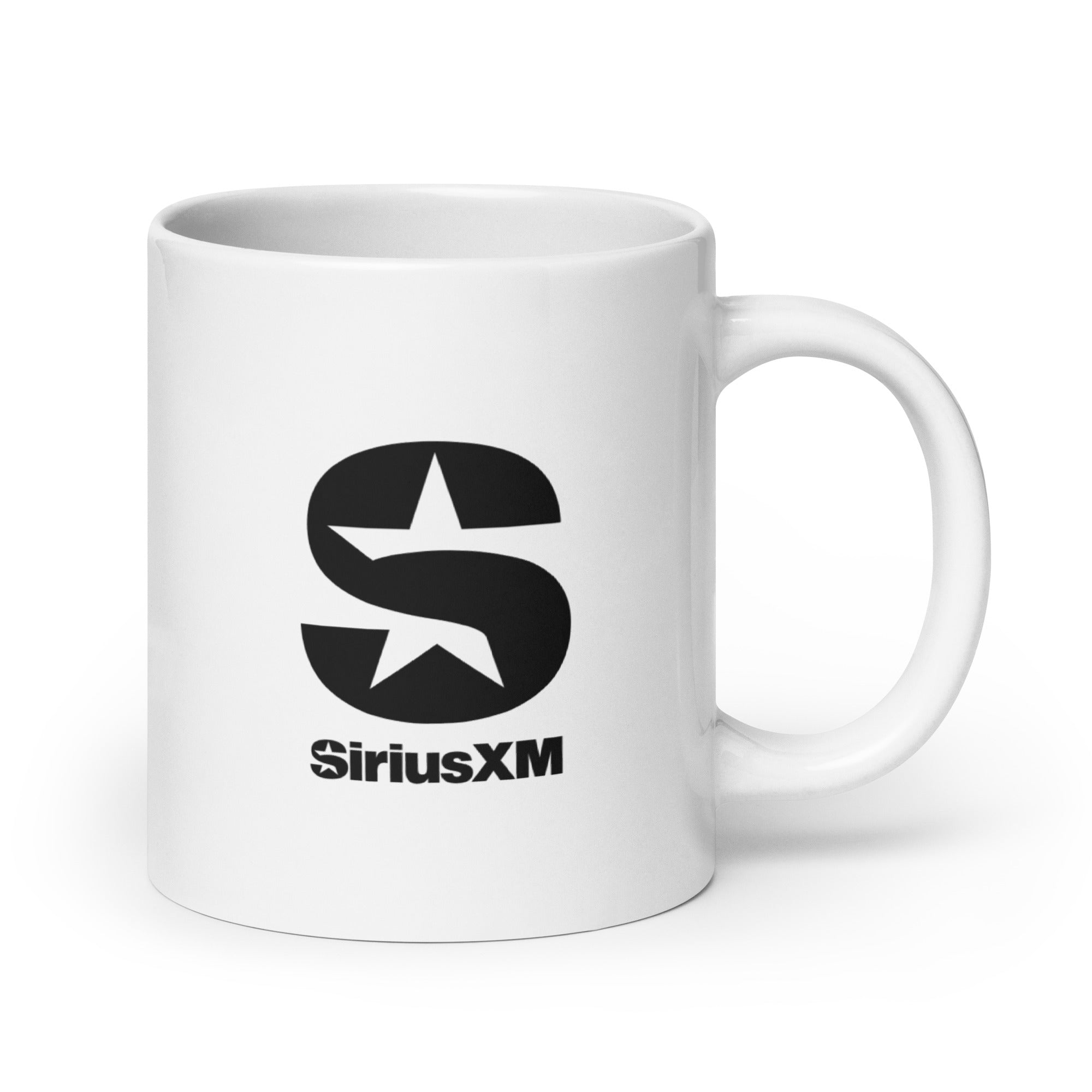 White mug featuring the 'SiriusXM' logo in black.