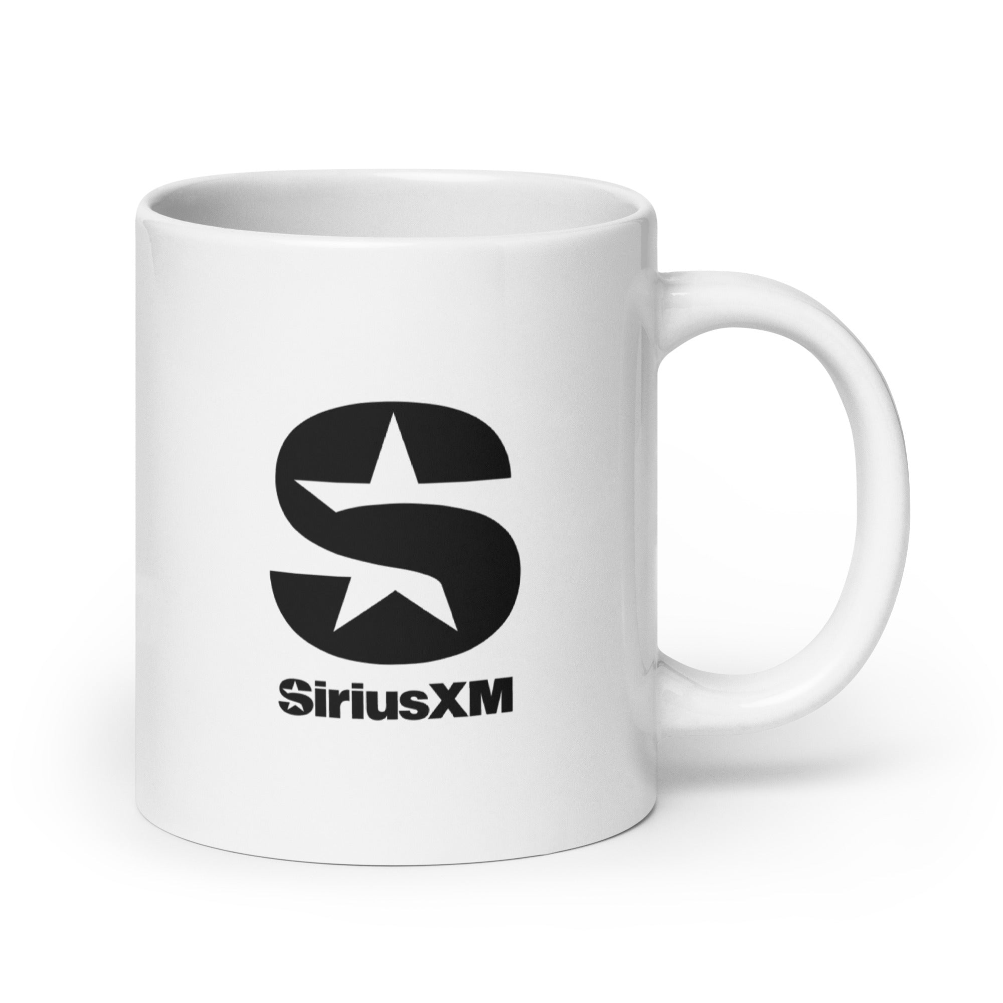 White mug featuring the 'SiriusXM' logo in black, with a prominent stylized 'S' and star design.