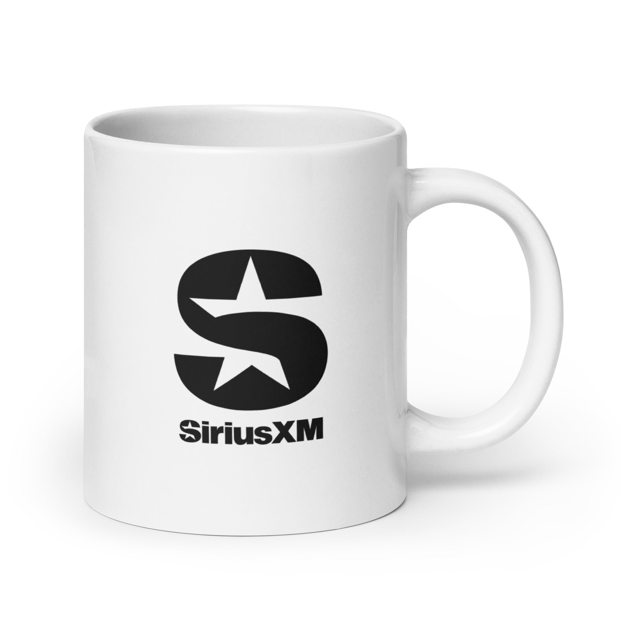Back side of white mug featuring the 'SiriusXM' logo.
