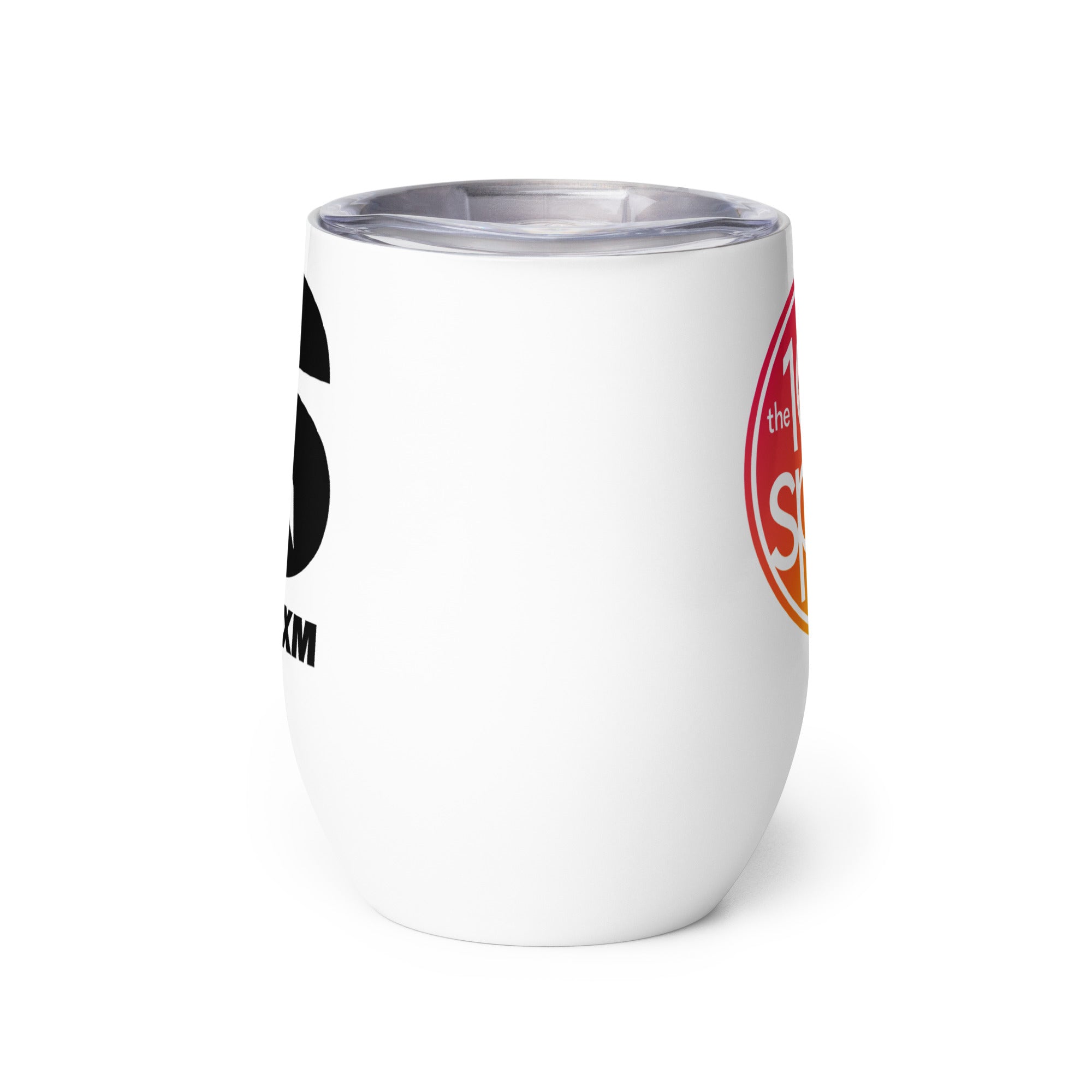 Side view of white insulated tumbler partially, displaying front and back designs.