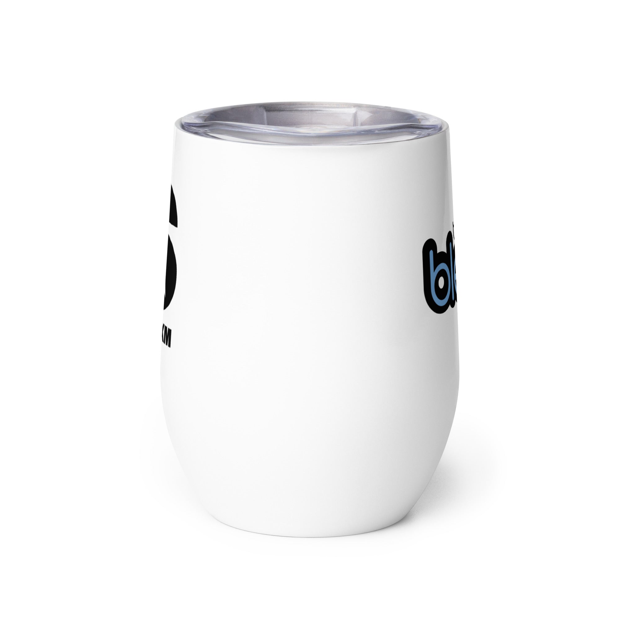Side view of white insulated tumbler partially, displaying front and back designs.