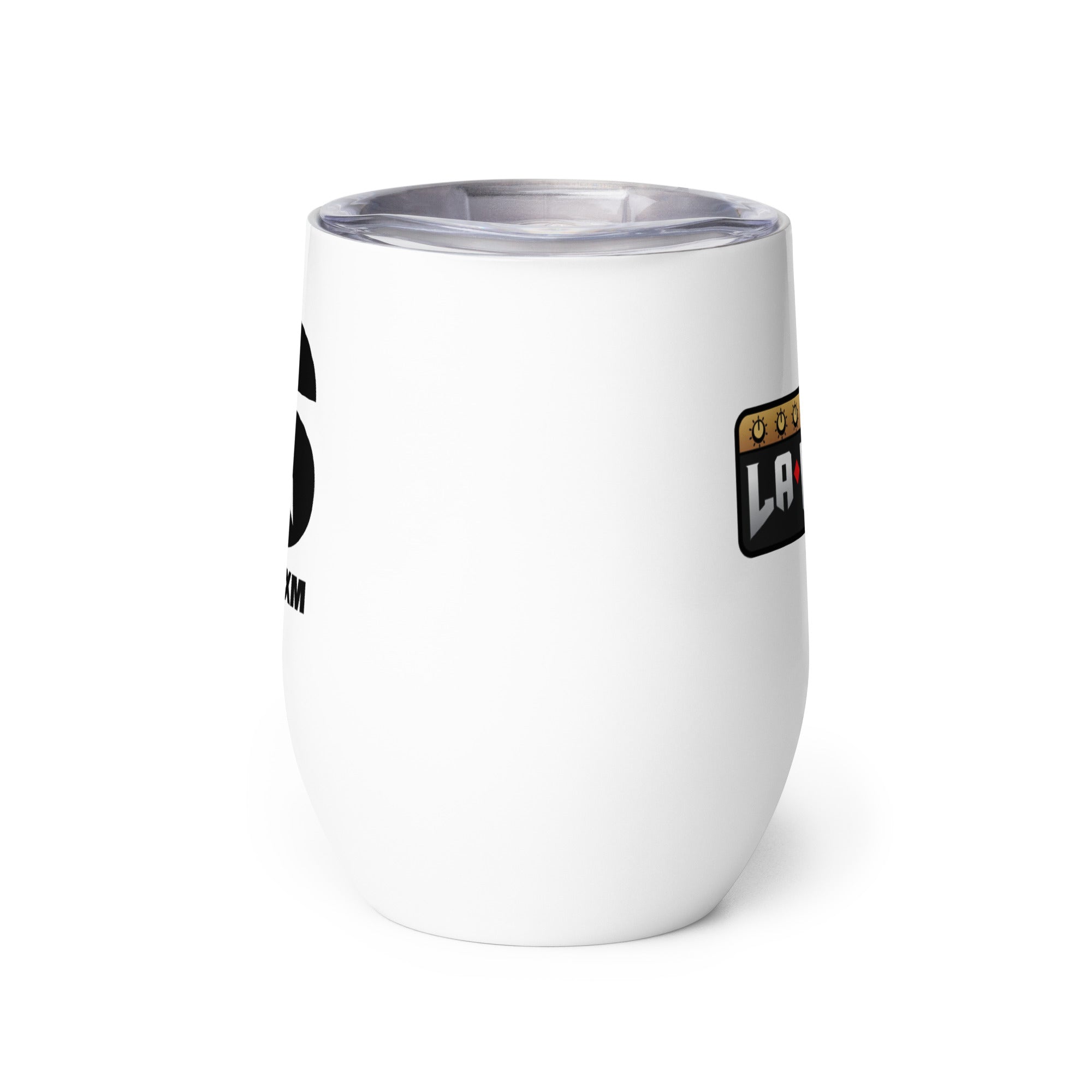 Side view of white insulated tumbler partially, displaying front and back designs.