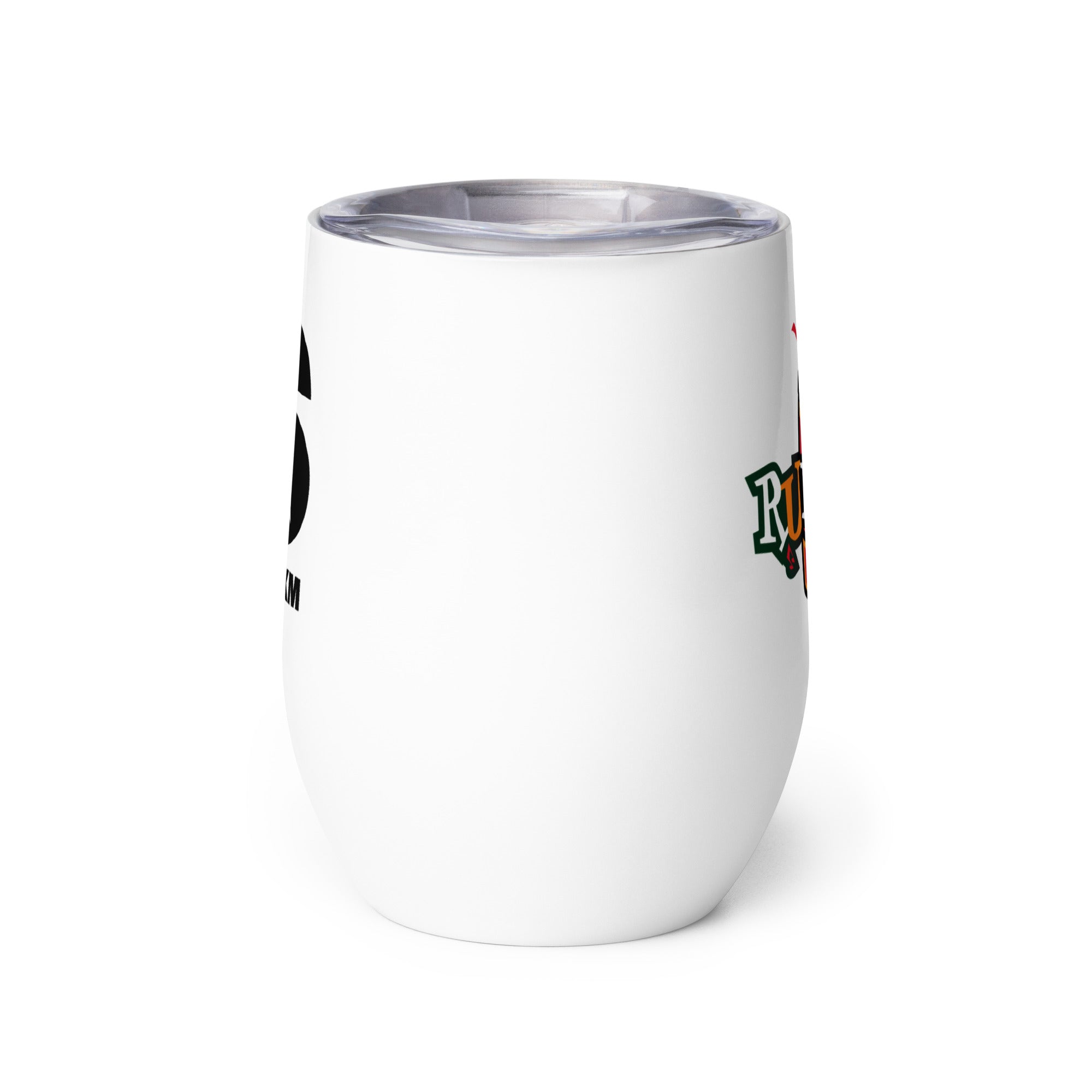 Side view of white insulated tumbler partially, displaying front and back designs.