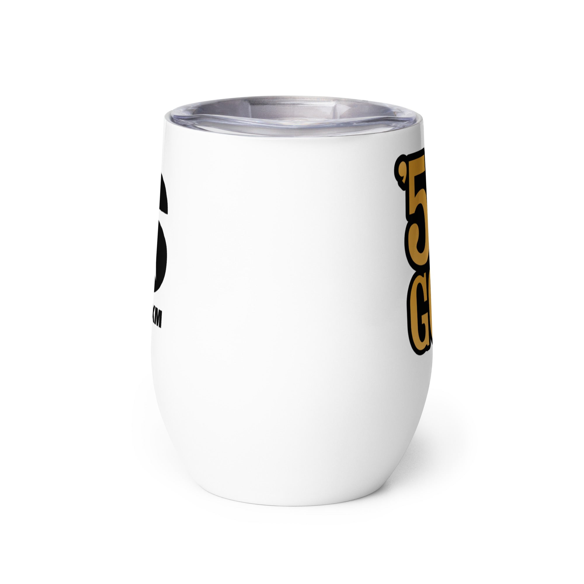 Side view of white insulated tumbler partially, displaying front and back designs.