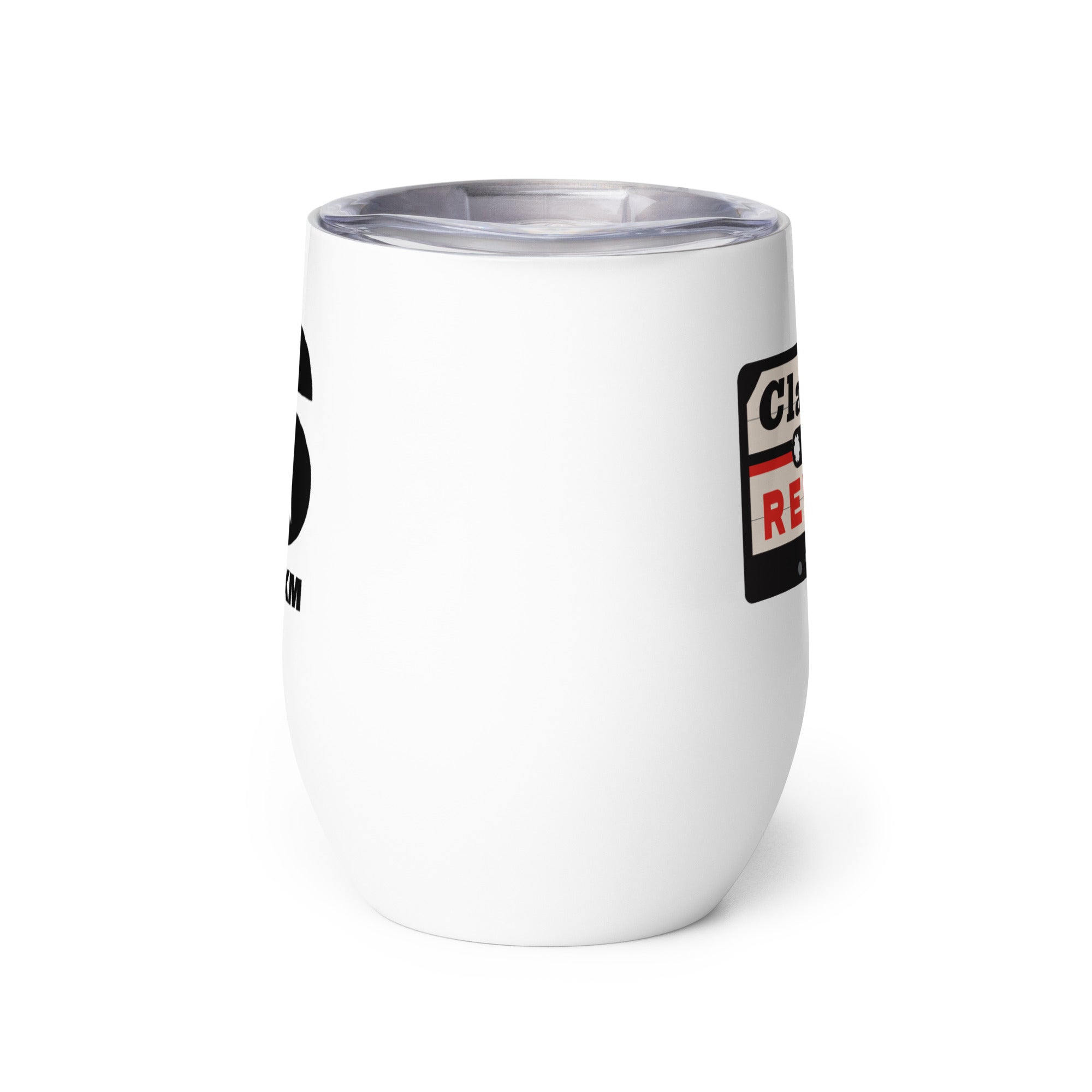 Side view of white insulated tumbler partially, displaying front and back designs.