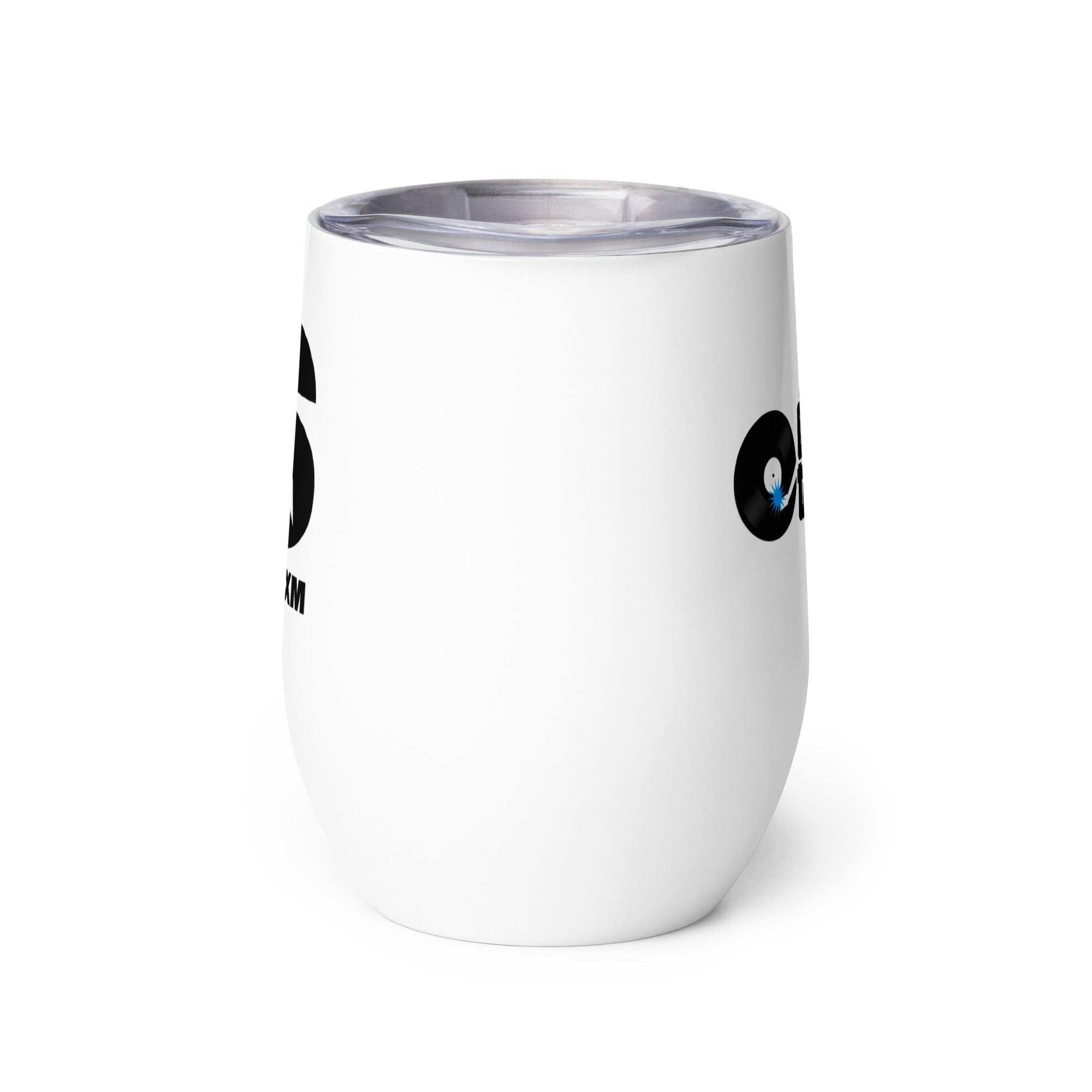 Side view of white insulated tumbler partially, displaying front and back designs.