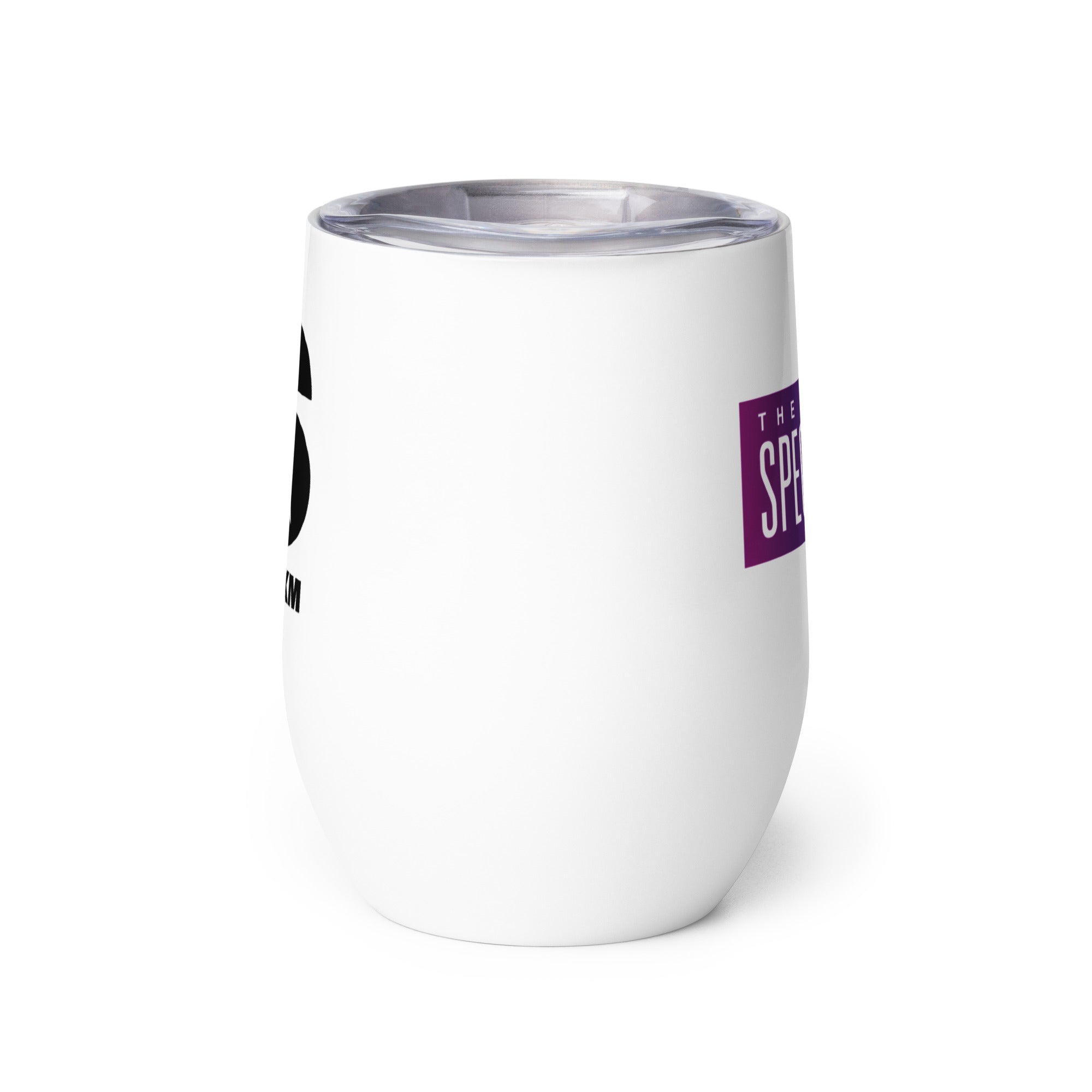 Side view of white insulated tumbler partially, displaying front and back designs.