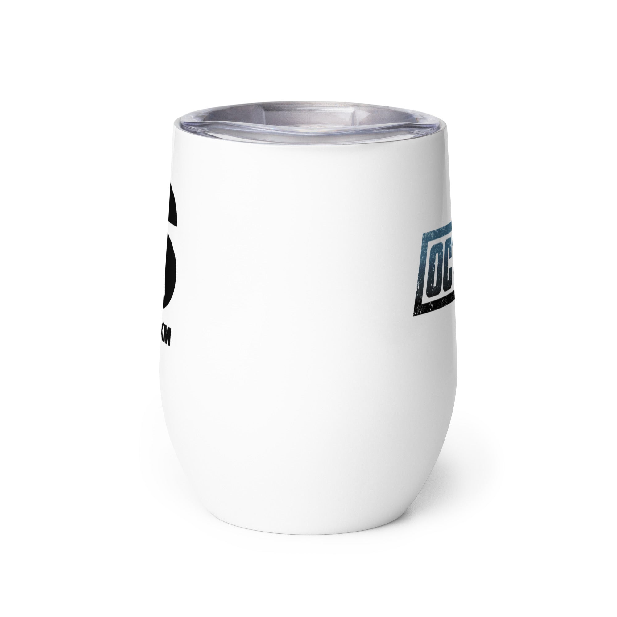 Side view of white insulated tumbler partially, displaying front and back designs.