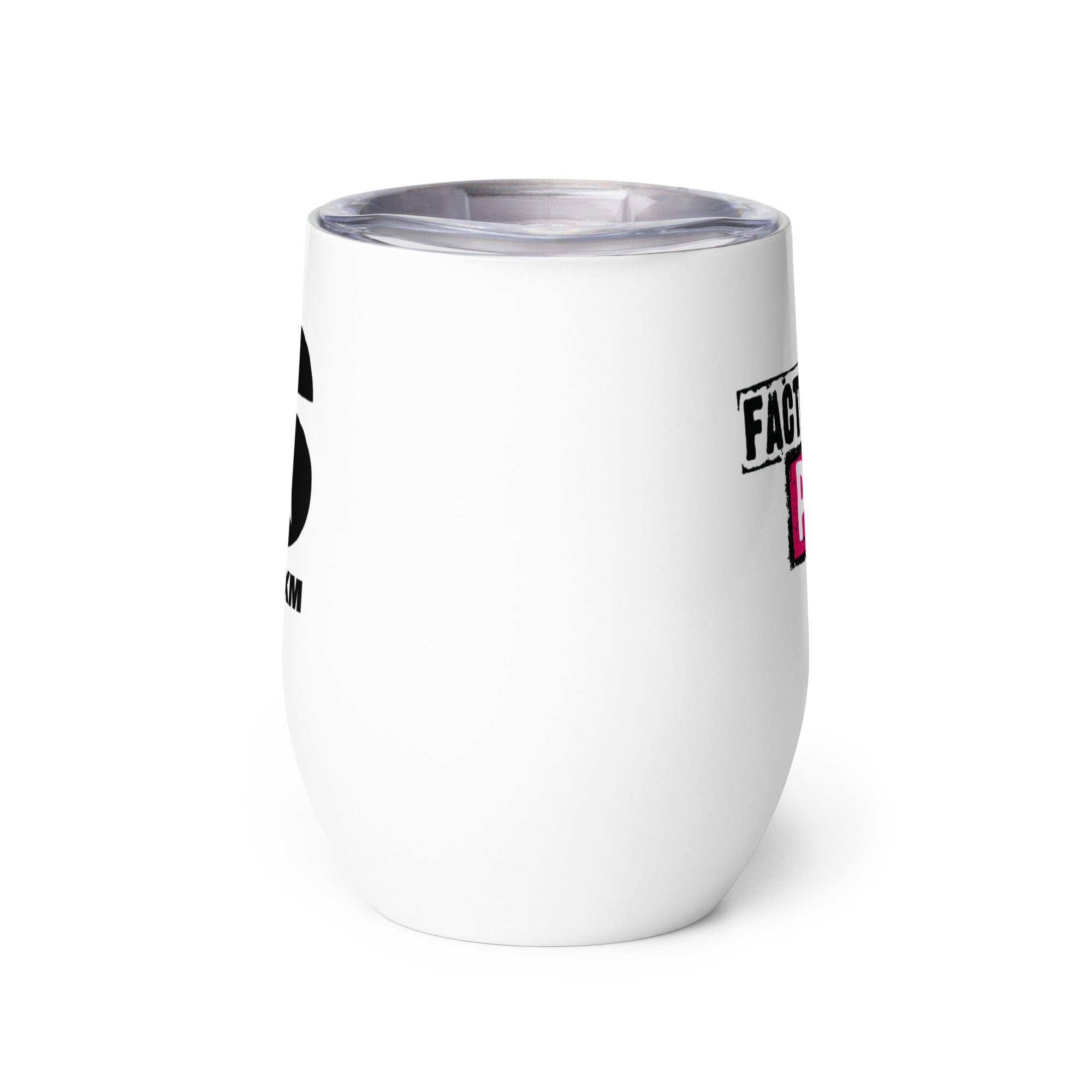 Side view of white insulated tumbler partially, displaying front and back designs.