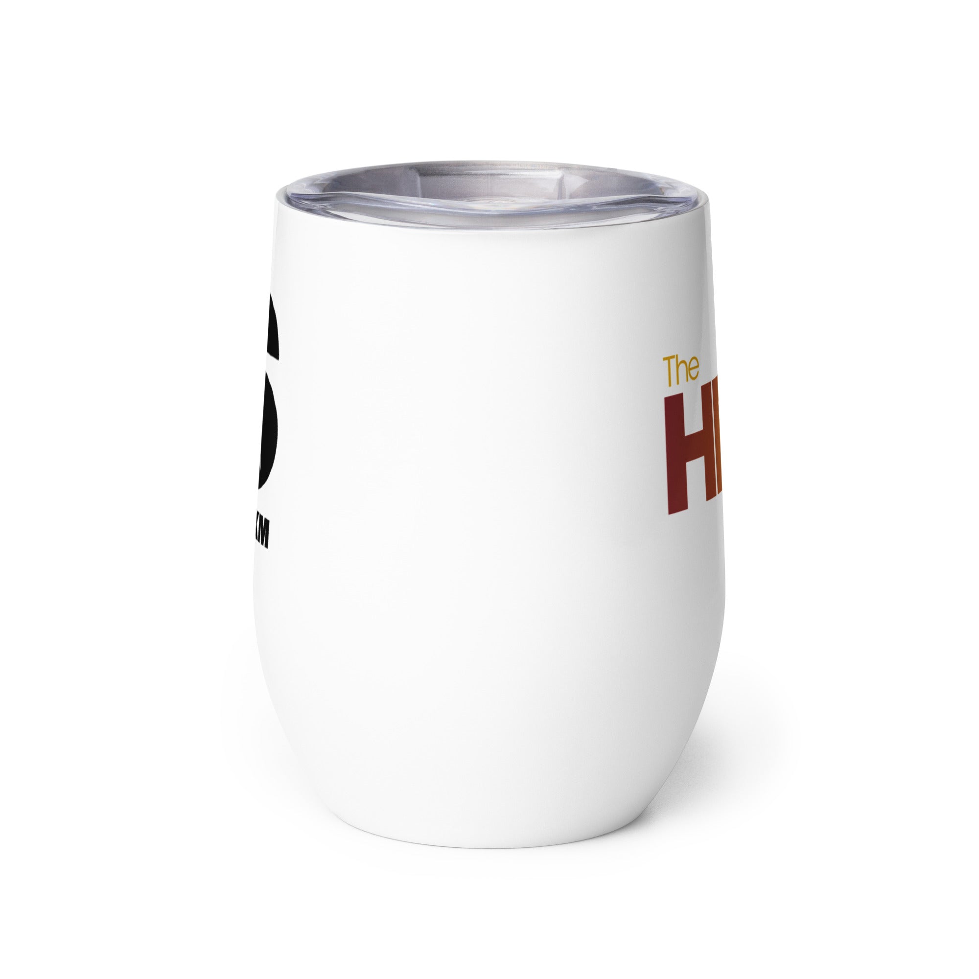 Side view of white insulated tumbler partially, displaying front and back designs.