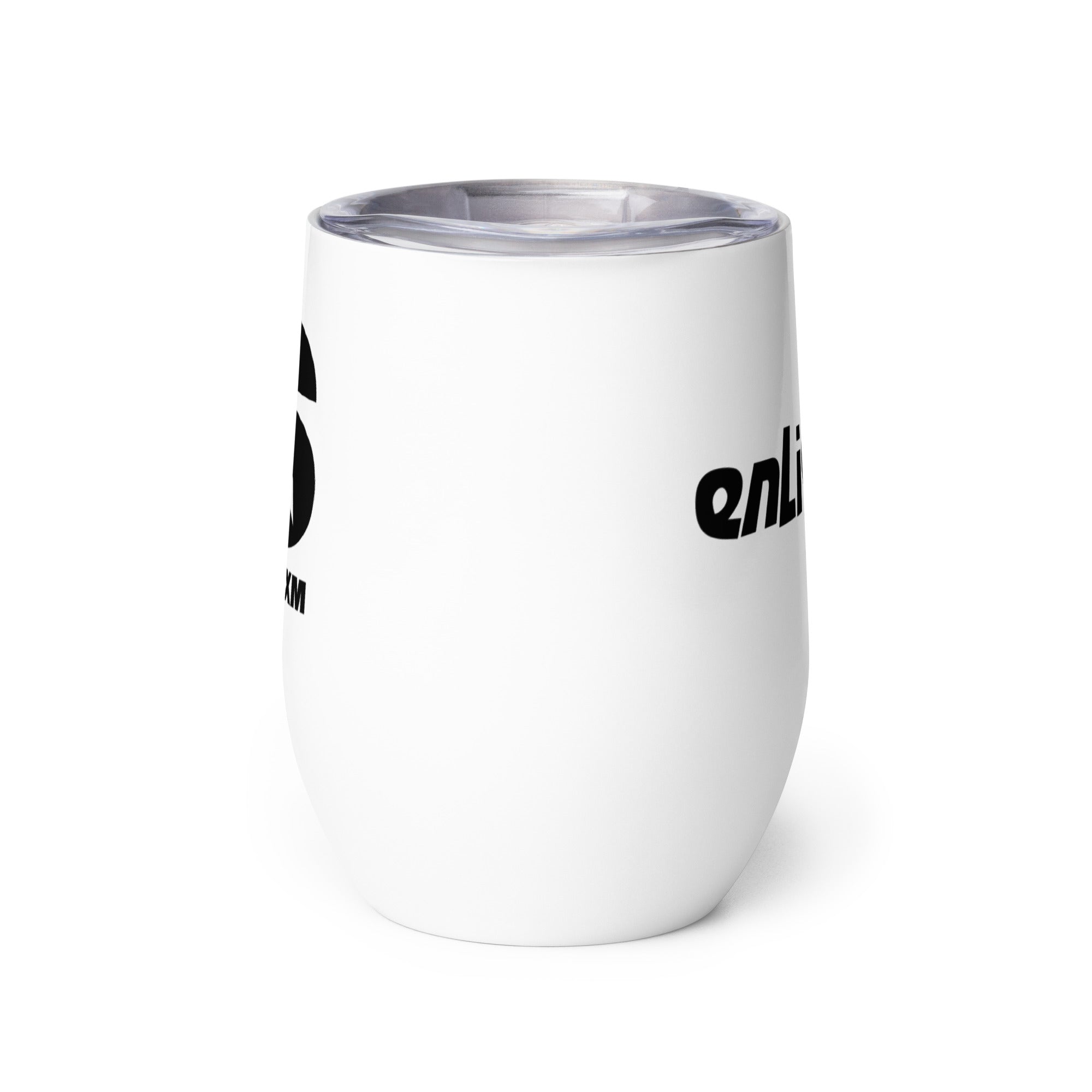 Side view of white insulated tumbler partially, displaying front and back designs.