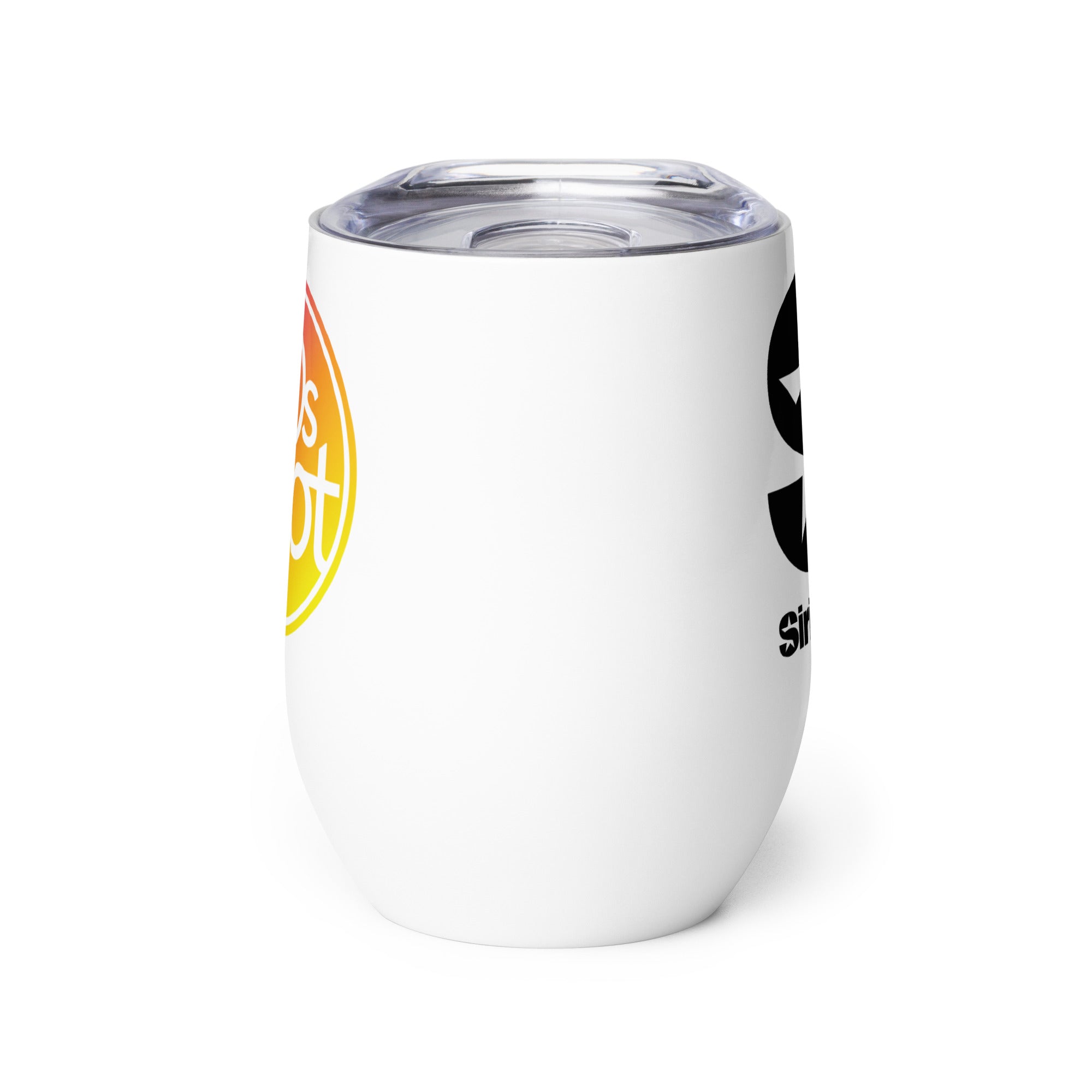 Side view of white insulated tumbler partially, displaying front and back designs.