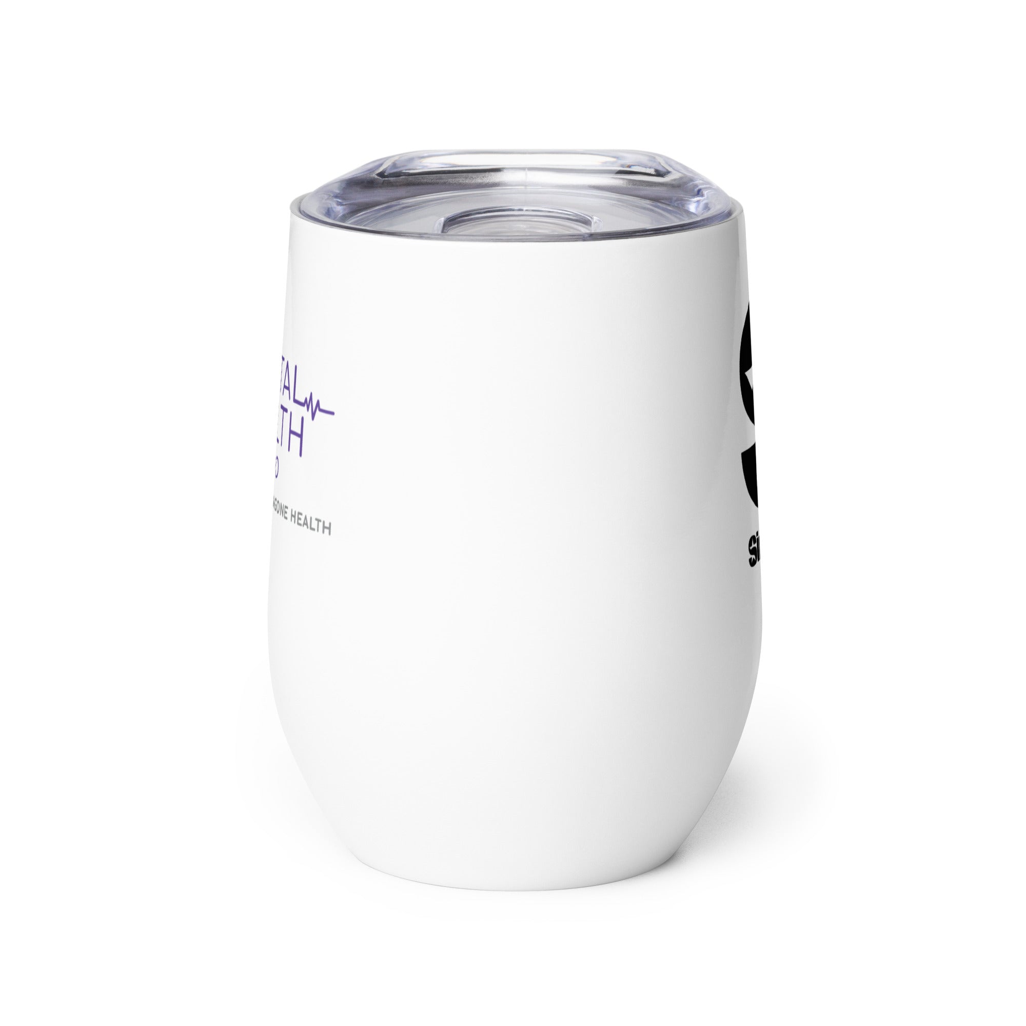 Side view of white insulated tumbler partially, displaying front and back designs.