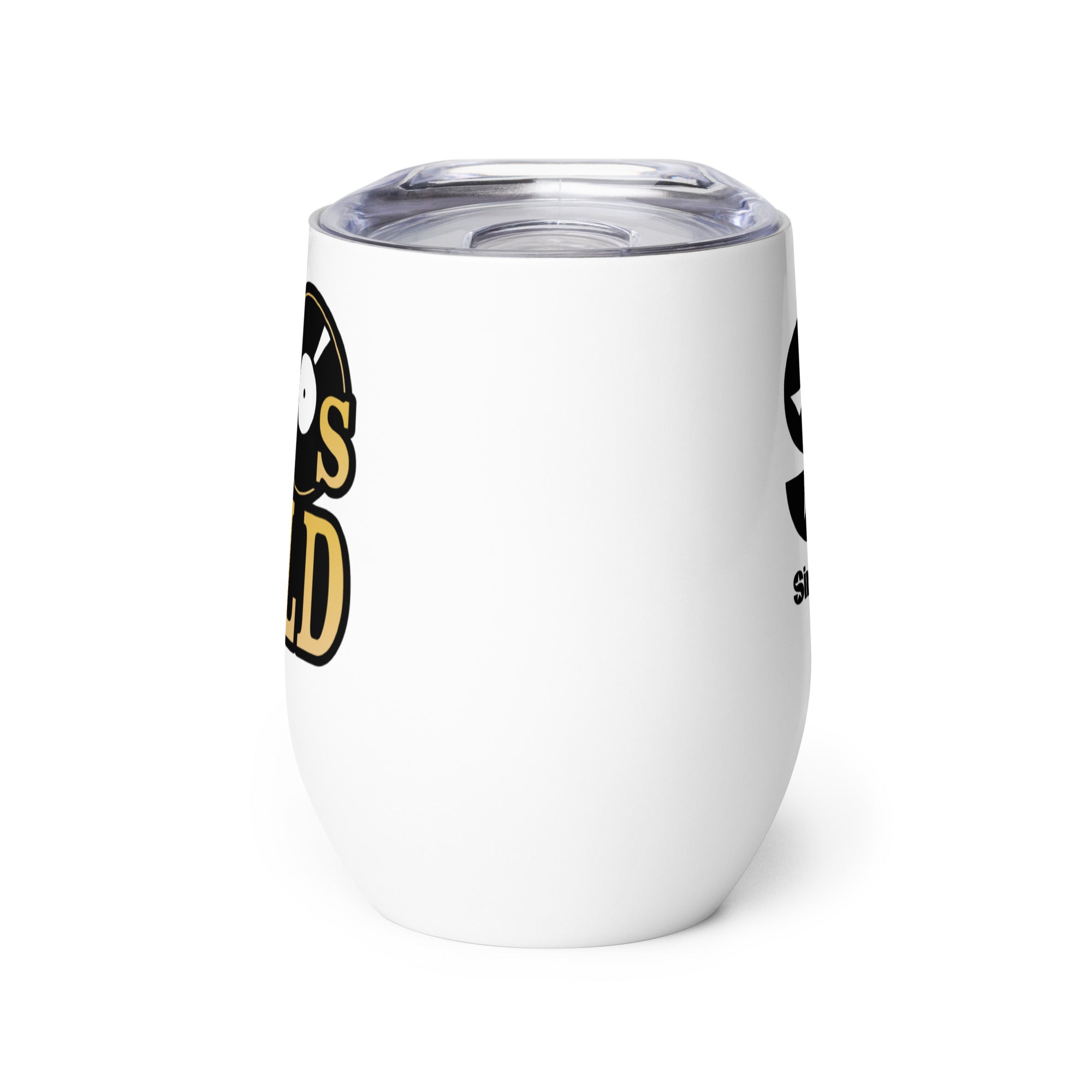 Side view of white insulated tumbler partially, displaying front and back designs.
