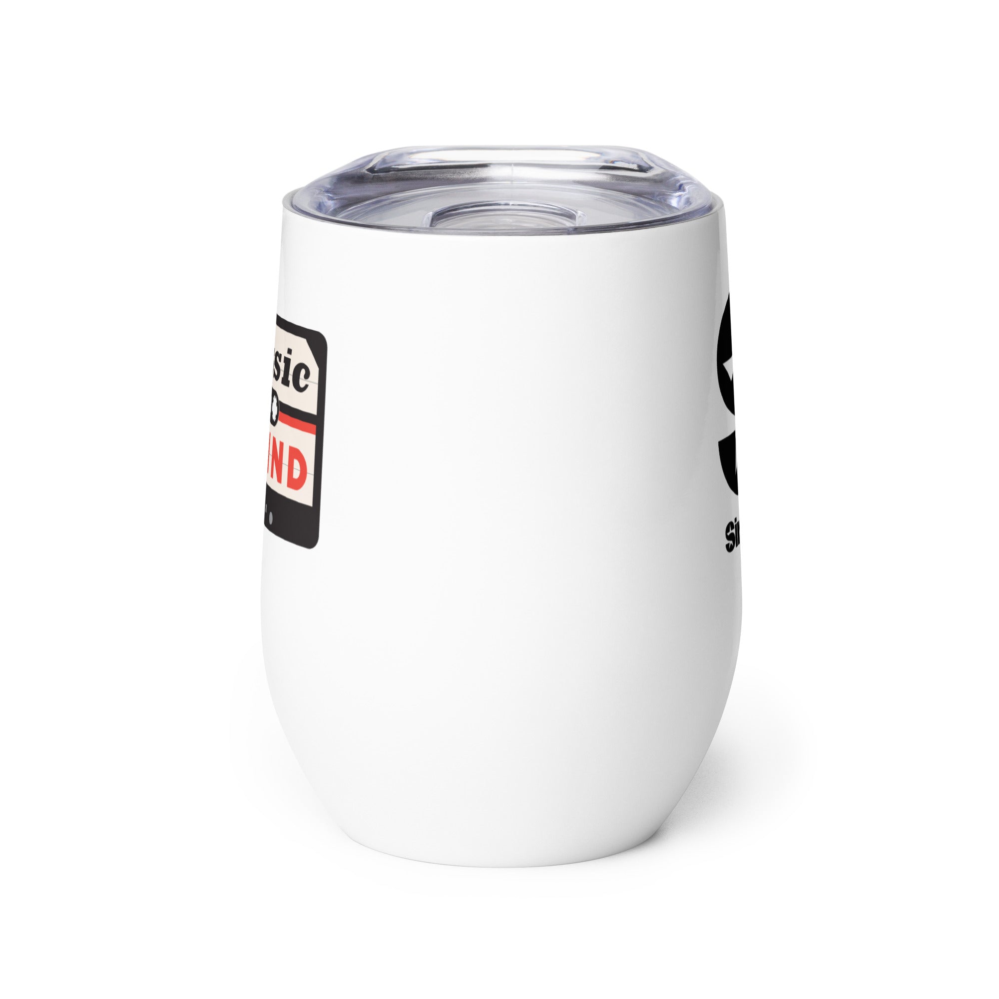 Side view of white insulated tumbler partially, displaying front and back designs.