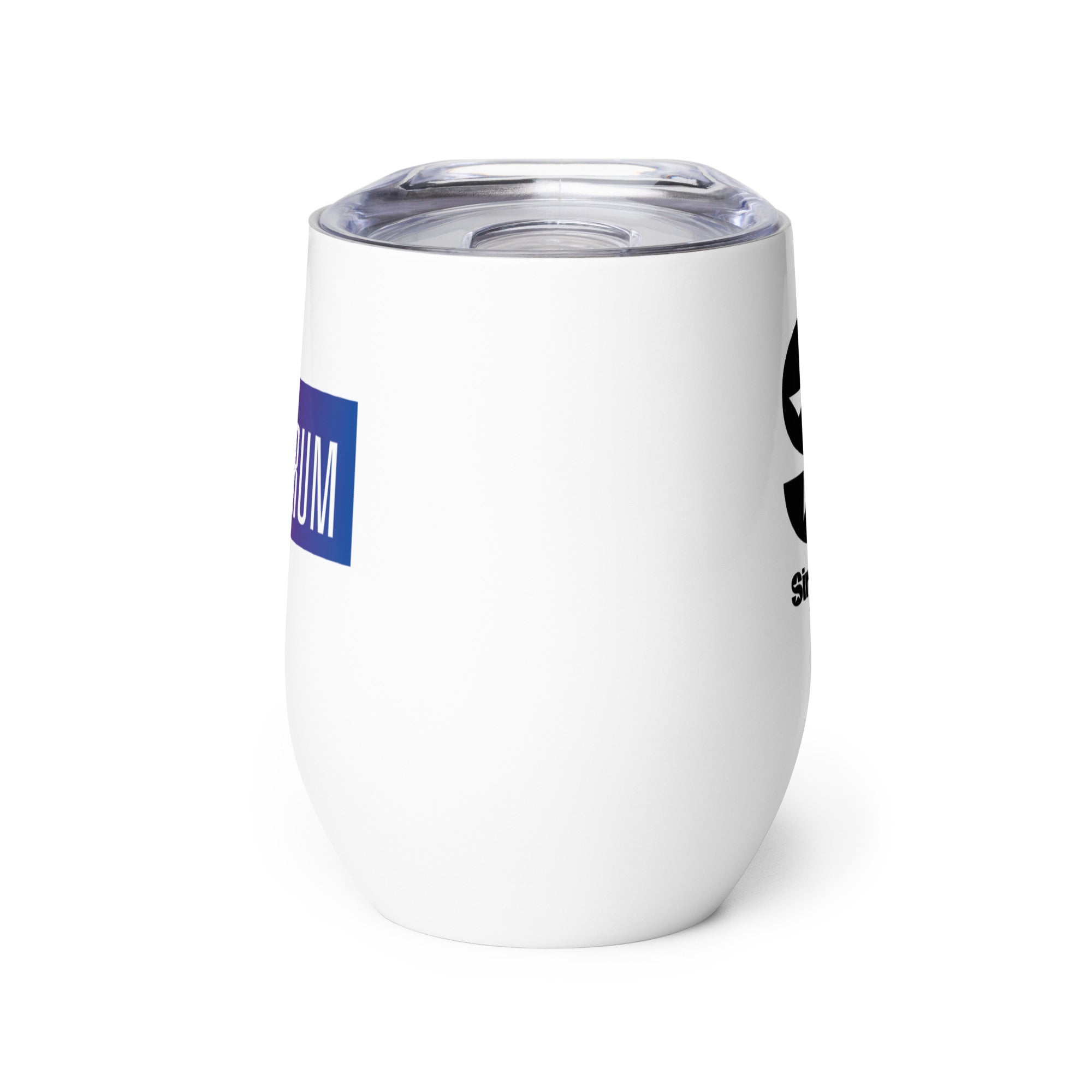 Side view of white insulated tumbler partially, displaying front and back designs.