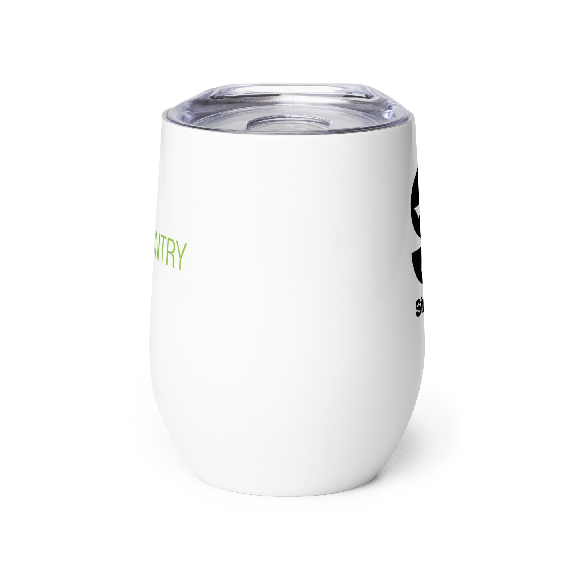 Side view of white insulated tumbler partially, displaying front and back designs.