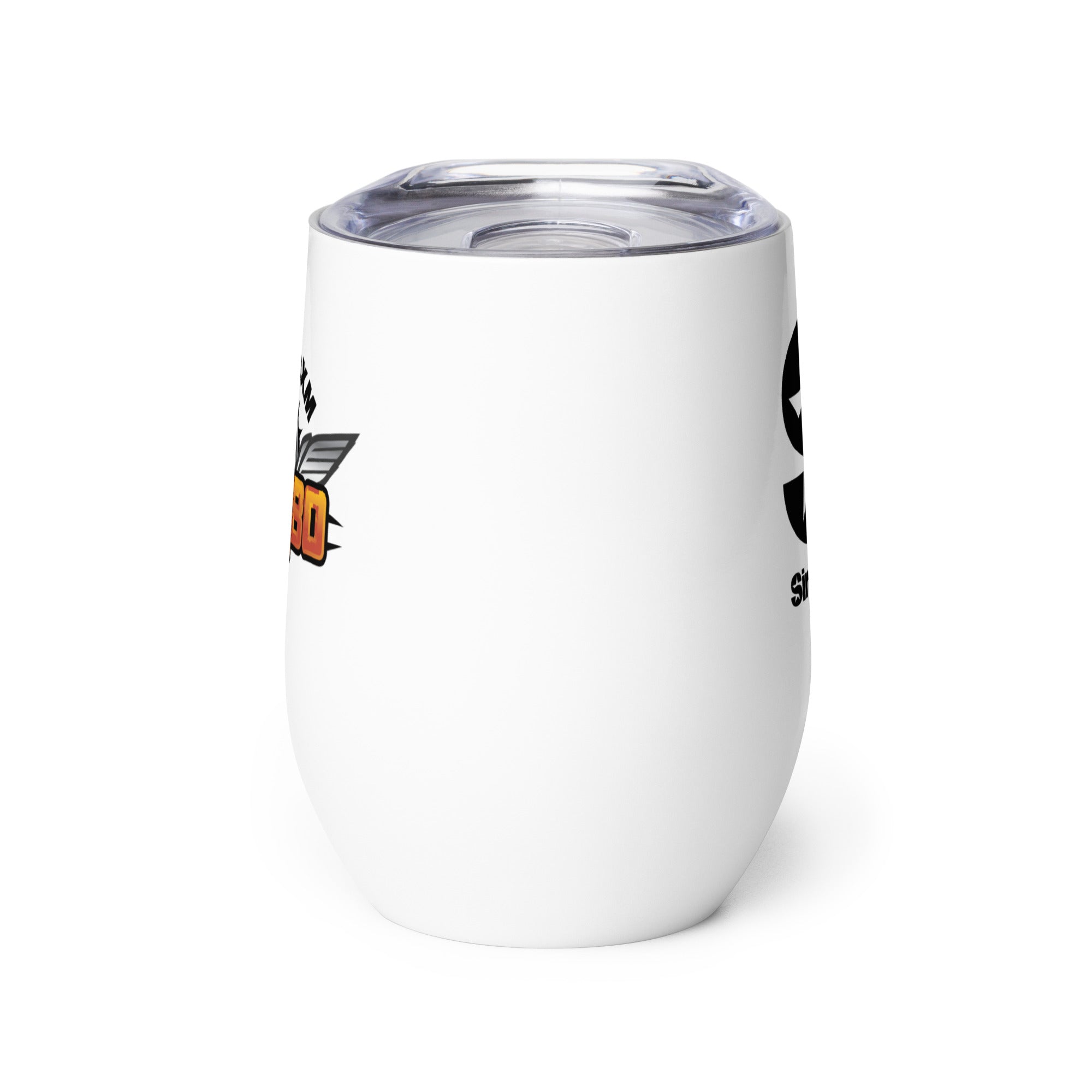 Side view of white insulated tumbler partially, displaying front and back designs.