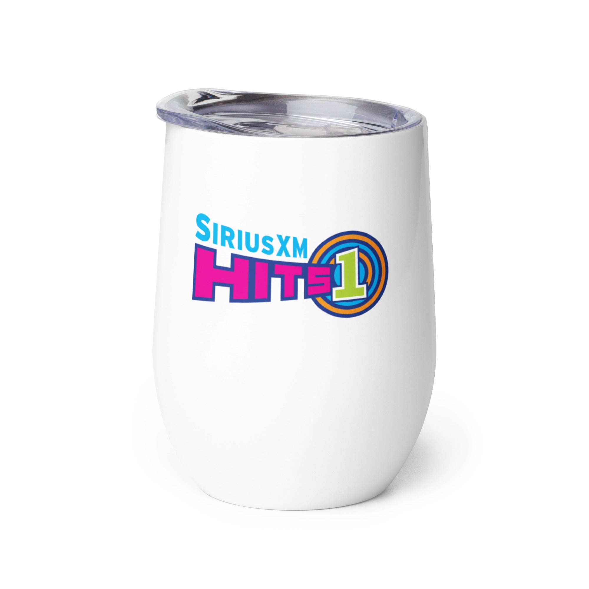White insulated cup with the 'SiriusXM Hits 1' logo printed on it.