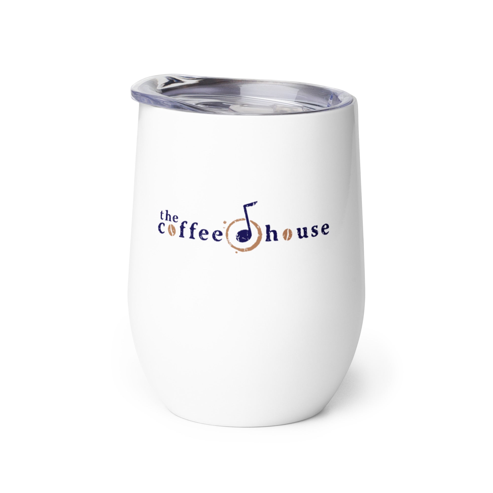White insulated tumbler with 'the coffee house' logo and a musical note design.