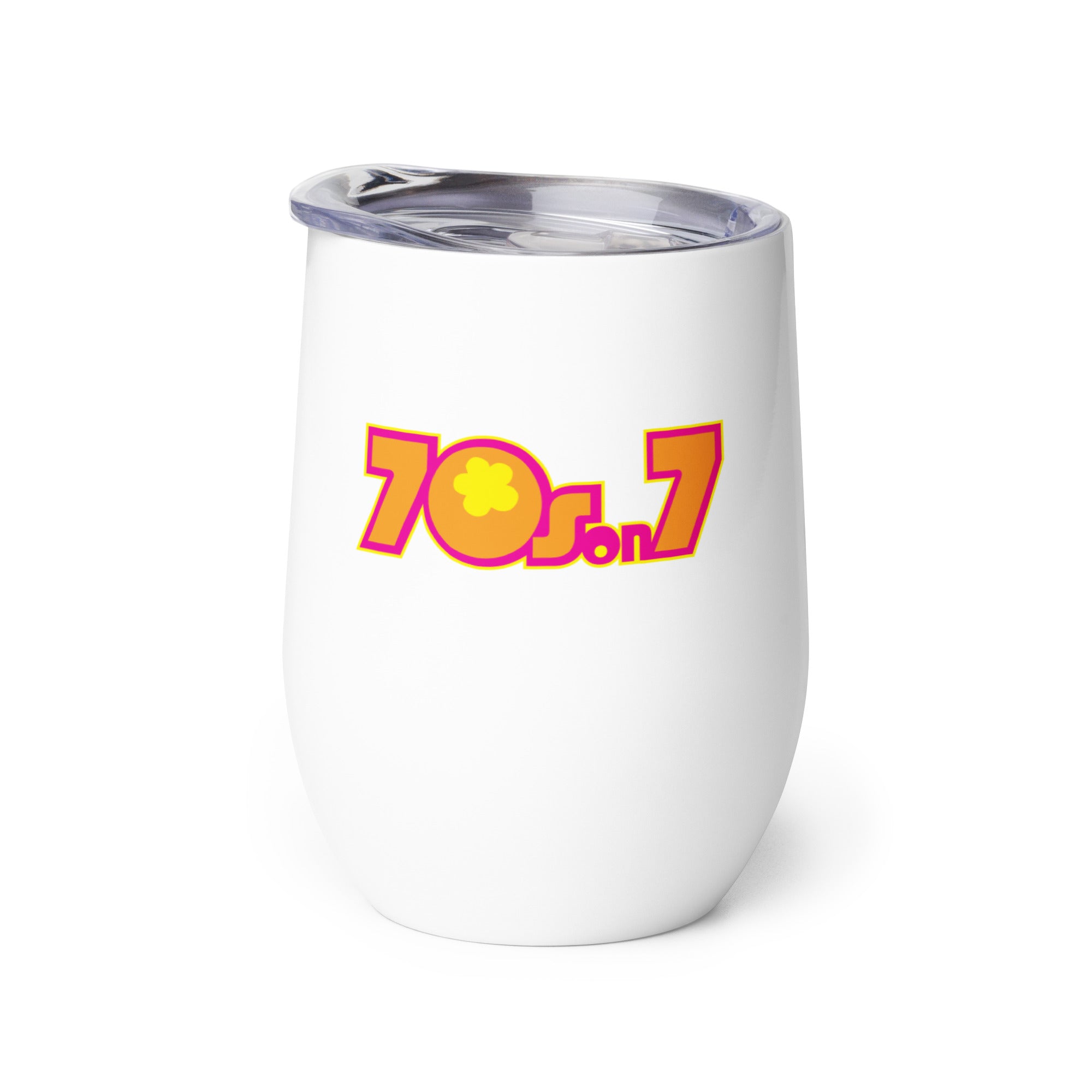 White tumbler with a colorful 70s-inspired logo reading '70s on 7' featuring a flower design.