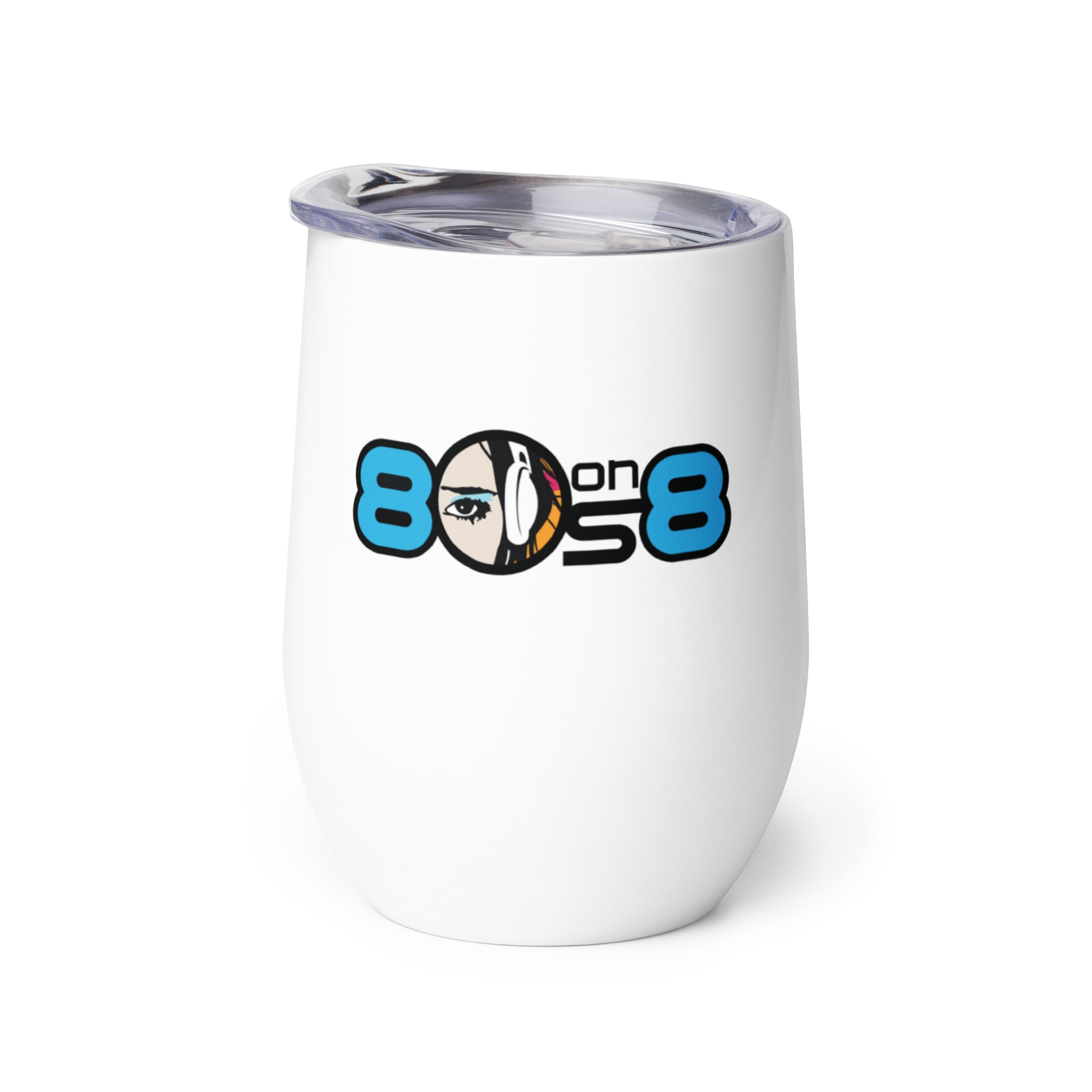 White insulated tumbler featuring the logo '80s on 8' with a graphic of a woman in headphones.