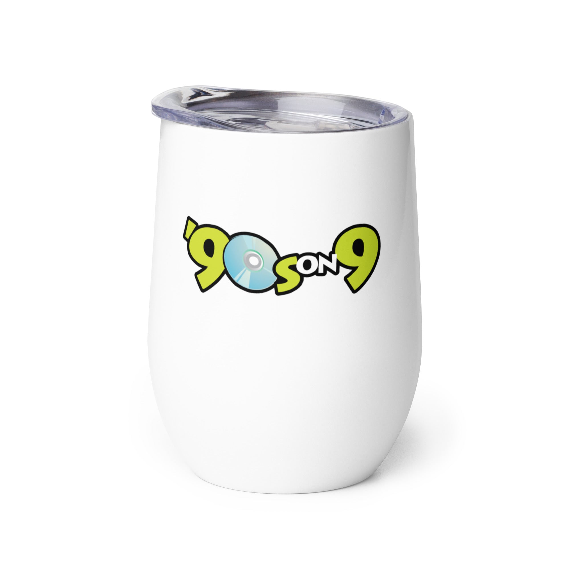 White tumbler with a '90s on 9' logo featuring a CD graphic.