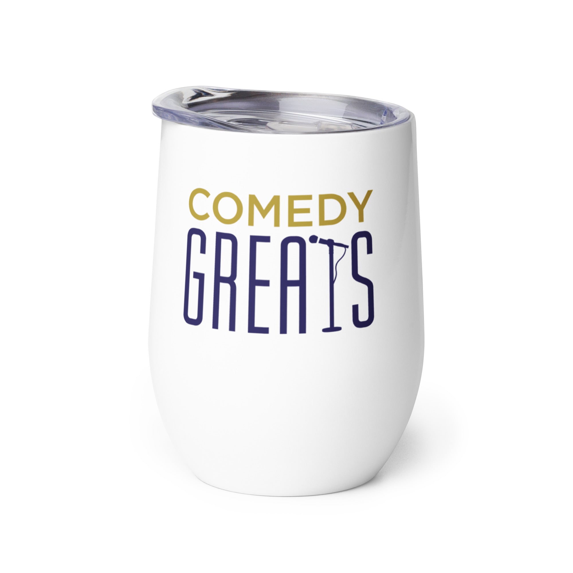 White insulated tumbler with the words 'COMEDY GREATS' and a microphone icon.