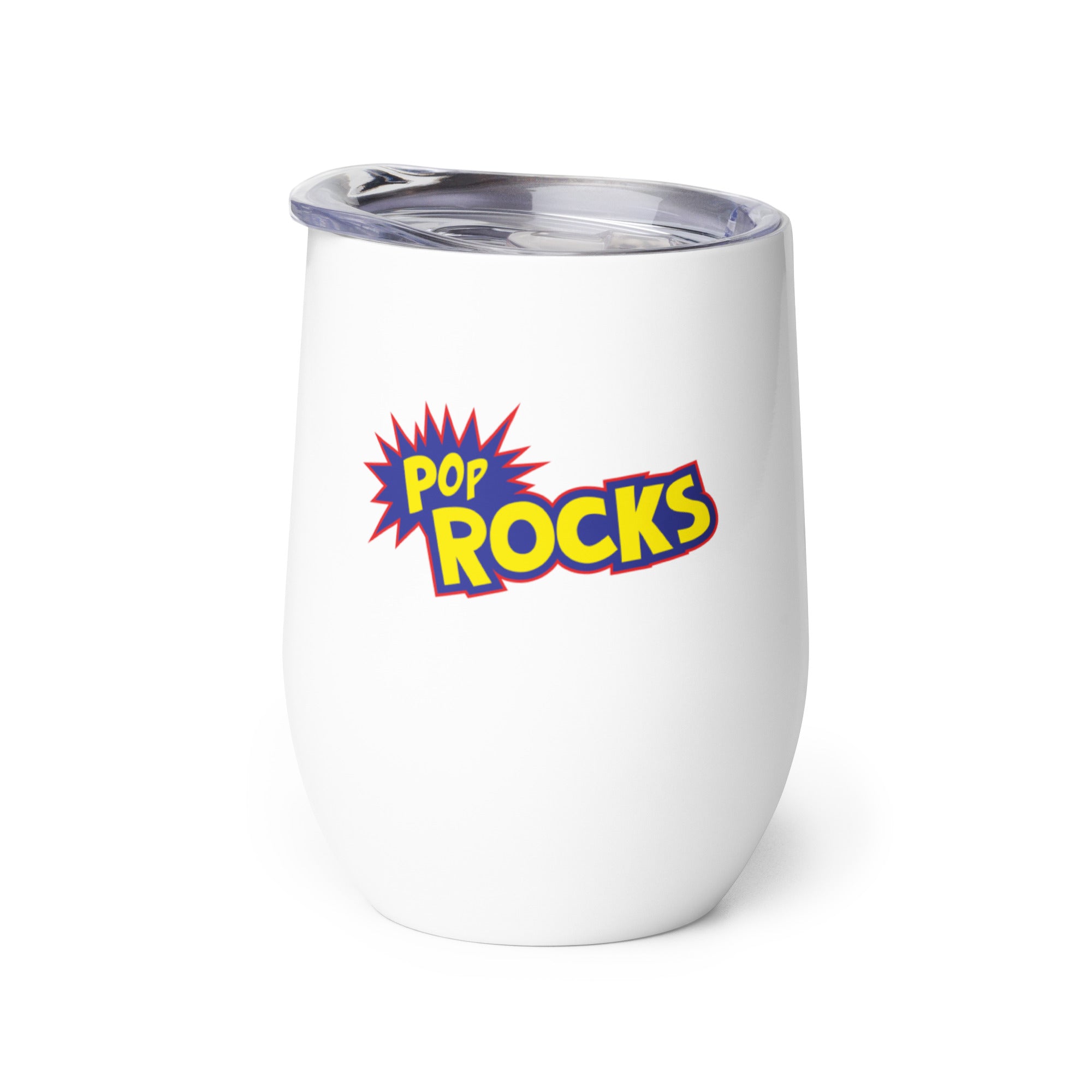 White insulated tumbler with 'POP ROCKS' logo and vibrant explosive design.