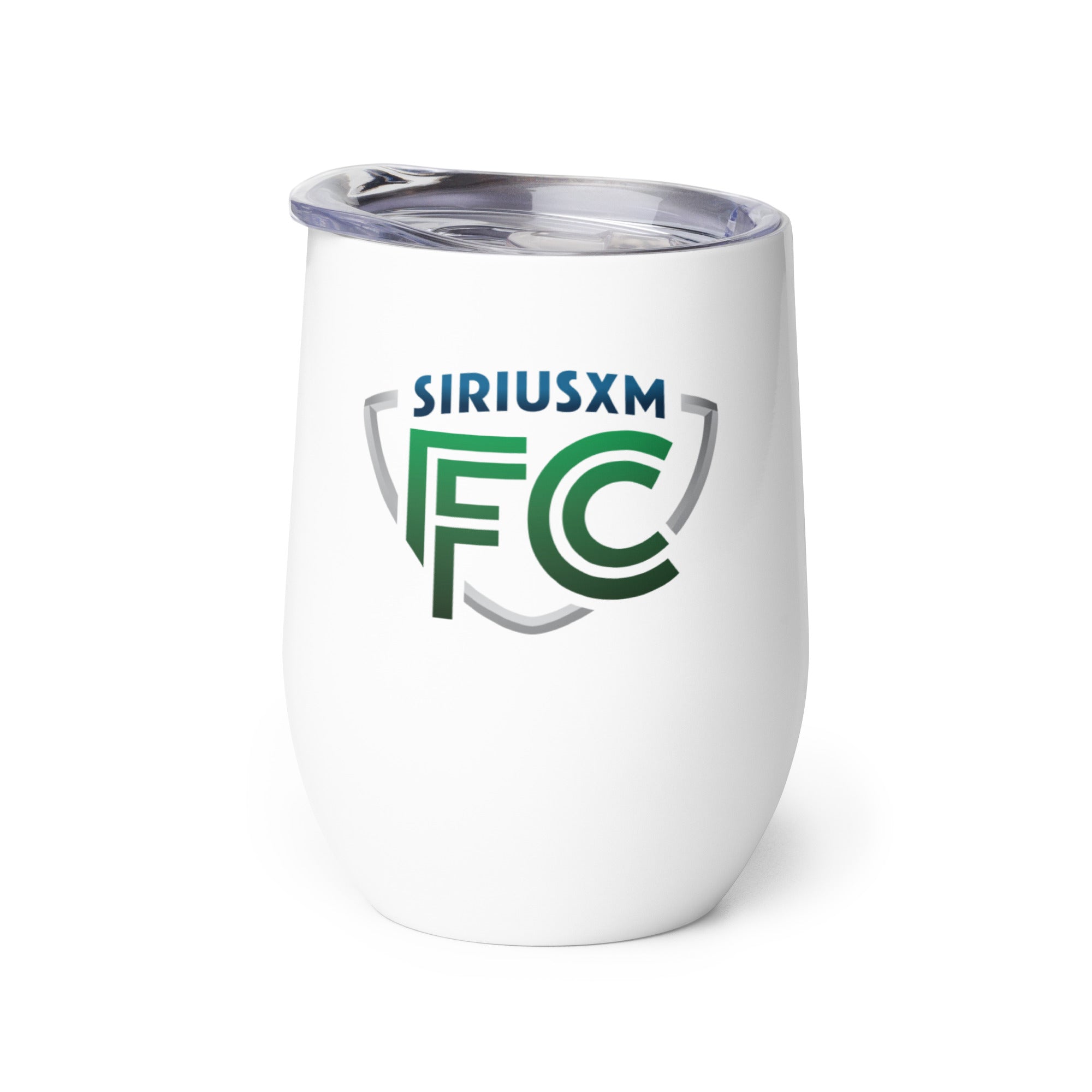 White travel mug featuring the 'SiriusXM FC' logo in green and blue.
