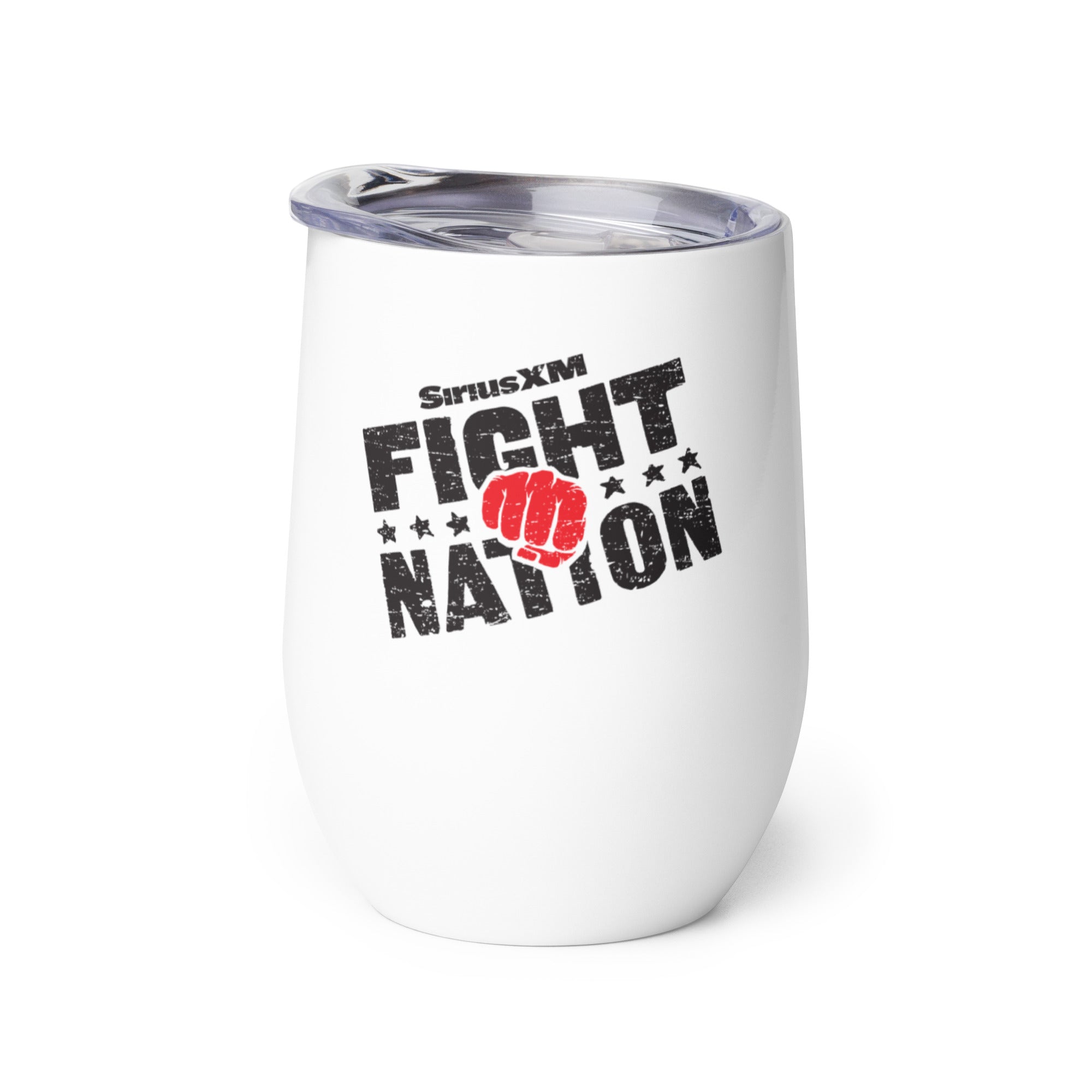 White tumbler with 'SiriusXM Fight Nation' logo featuring a red fist and black text.