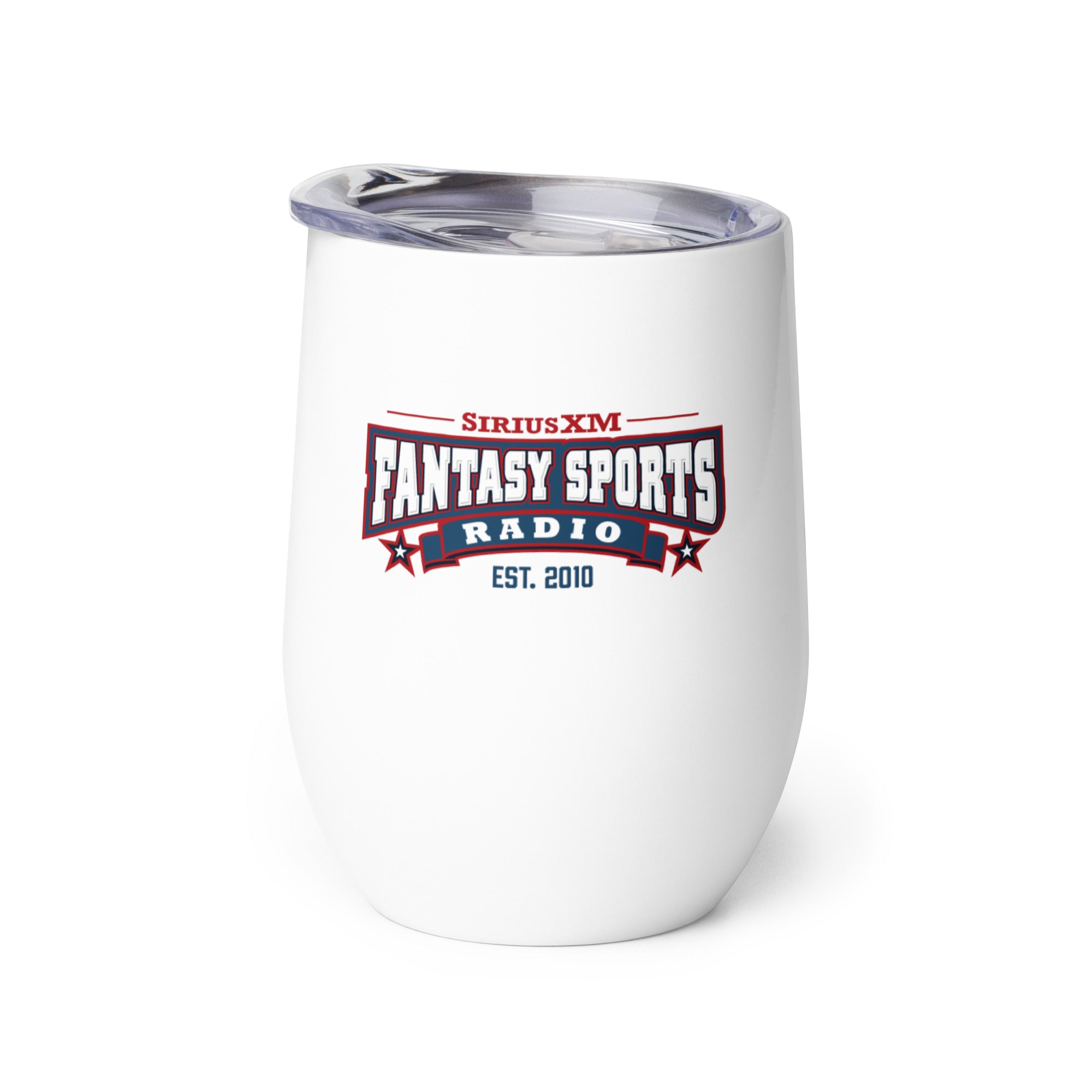 White tumbler featuring 'SiriusXM Fantasy Sports Radio EST. 2010' logo.