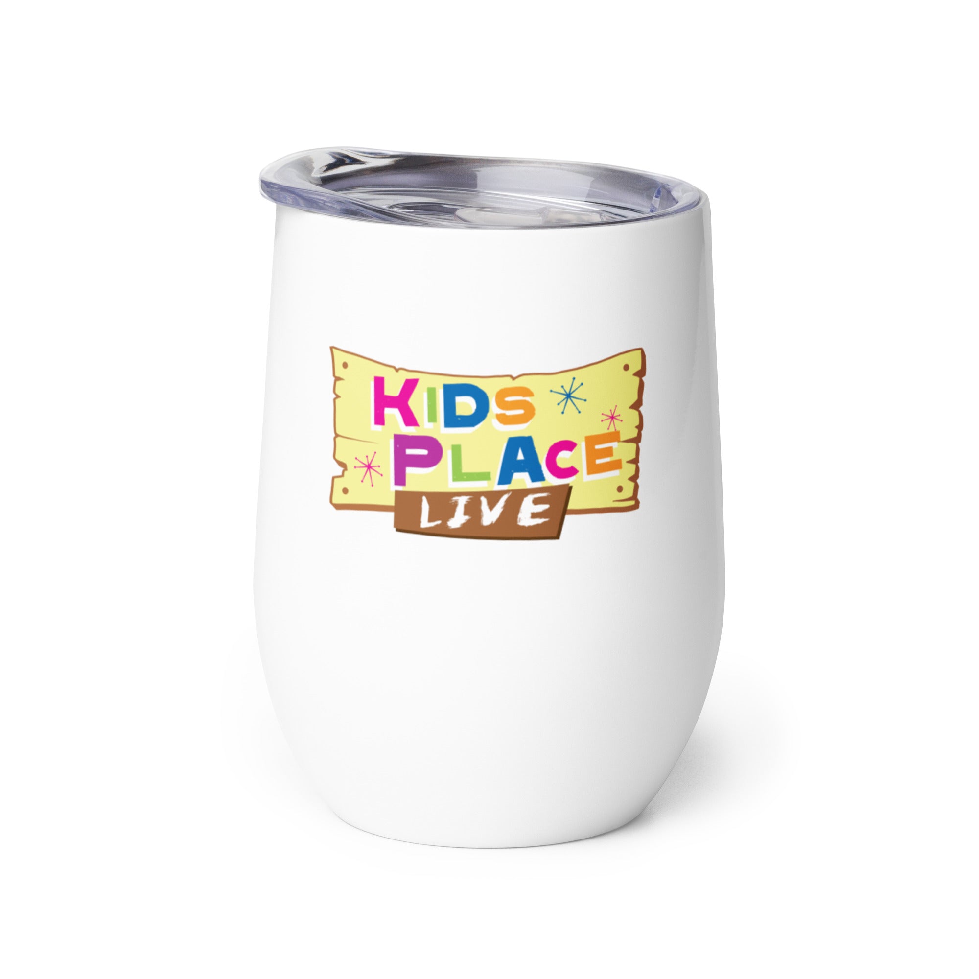 White tumbler with a colorful 'KIDS PLACE LIVE' logo.