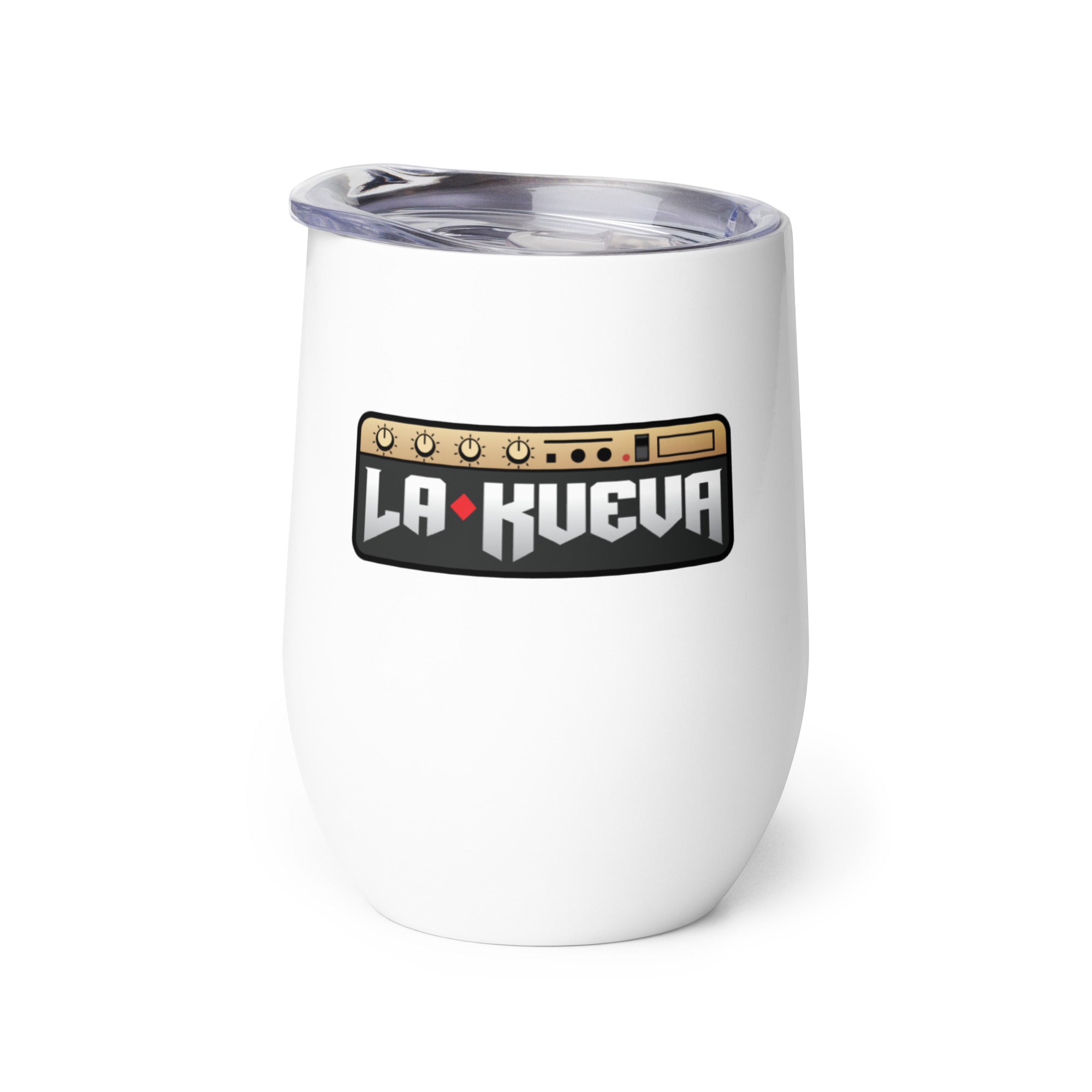 White cup with a logo that reads 'LA KUEVA,' featuring a design resembling audio equipment controls.