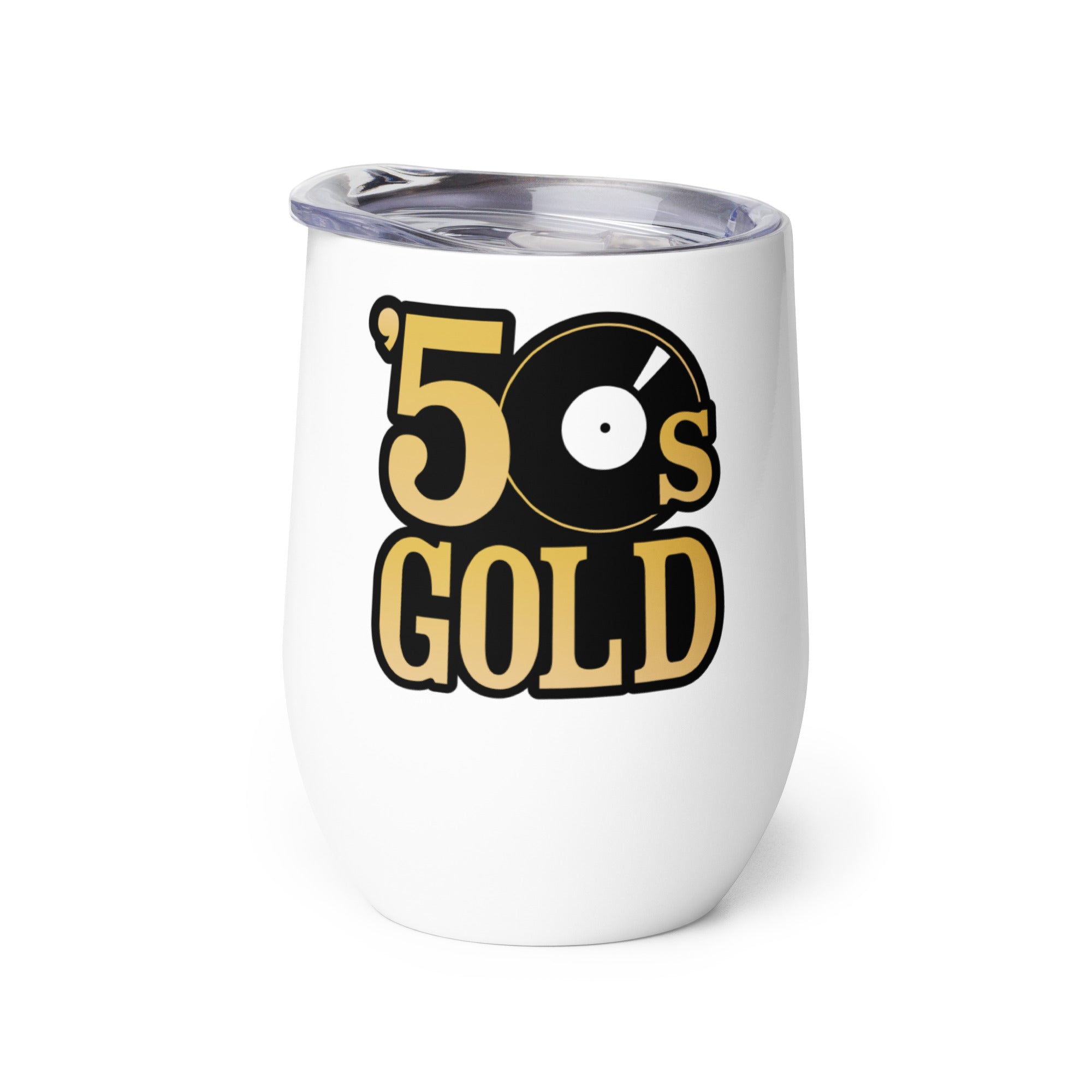 White tumbler with '50s GOLD' text and a vinyl record graphic.