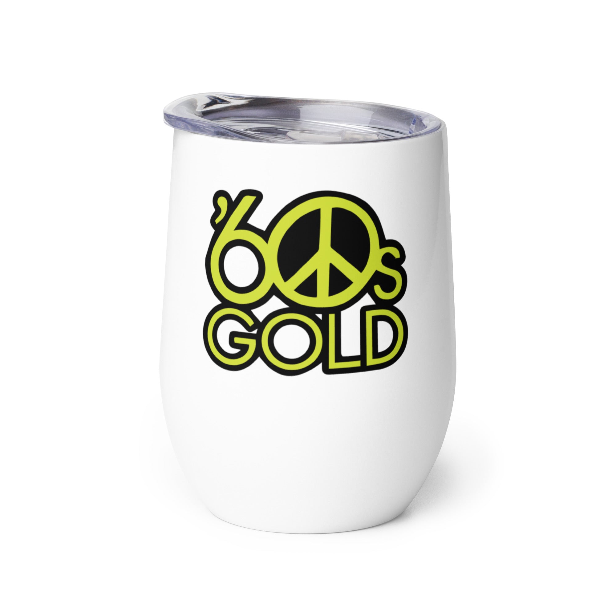 White tumbler with green peace sign and '60s GOLD' text.