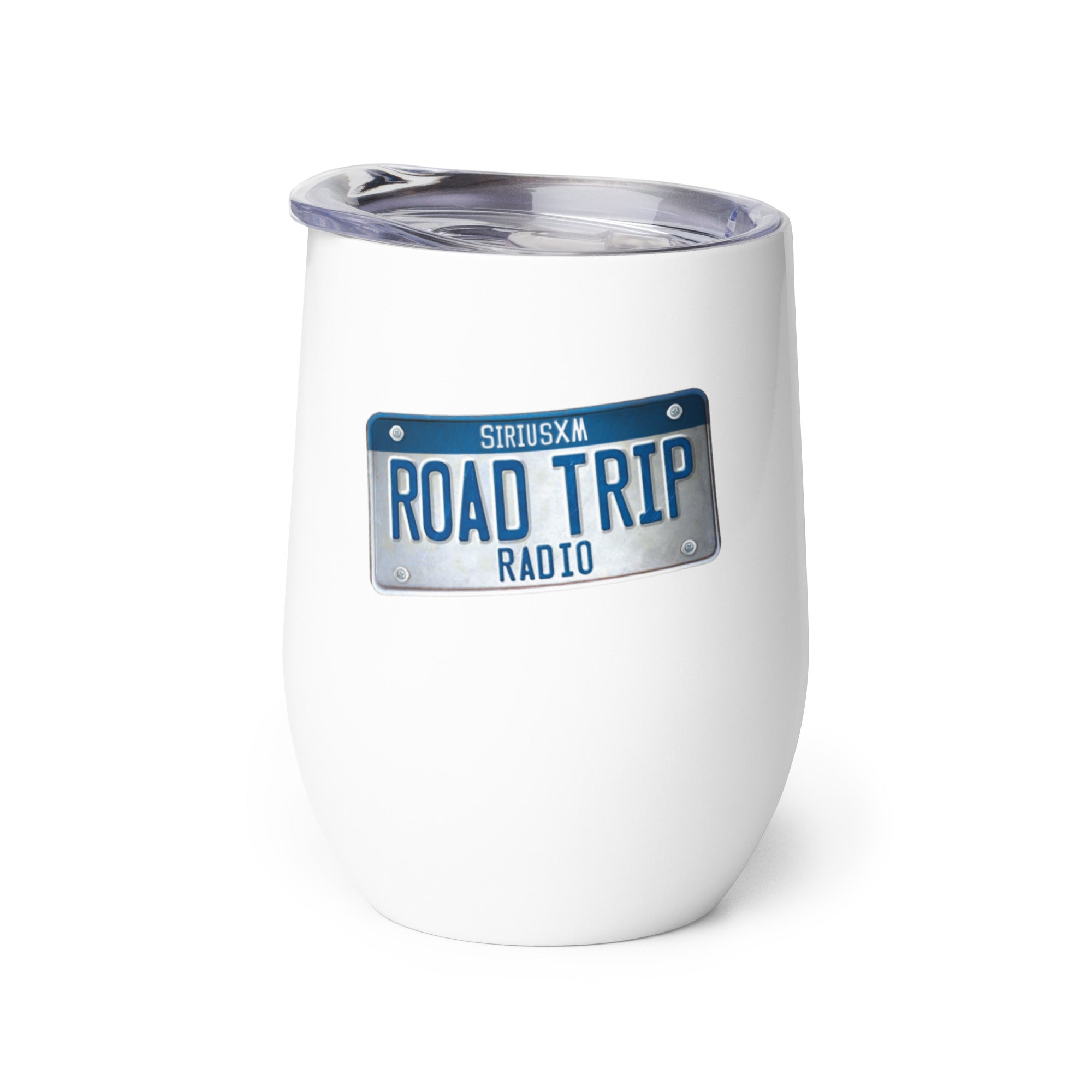White insulated cup with 'ROAD TRIP RADIO' license plate design.