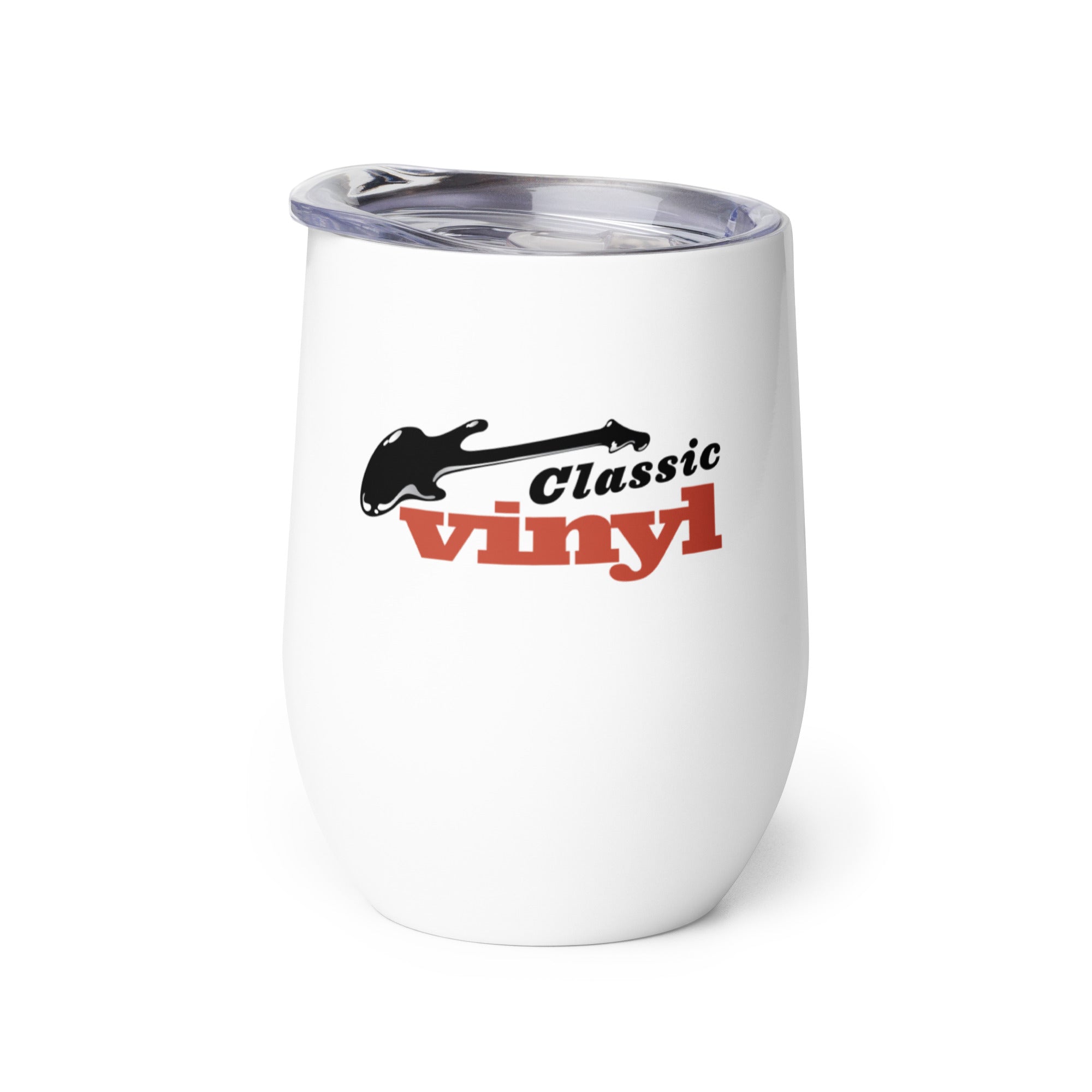 Stylish white tumbler with 'Classic Vinyl' text and a guitar graphic.