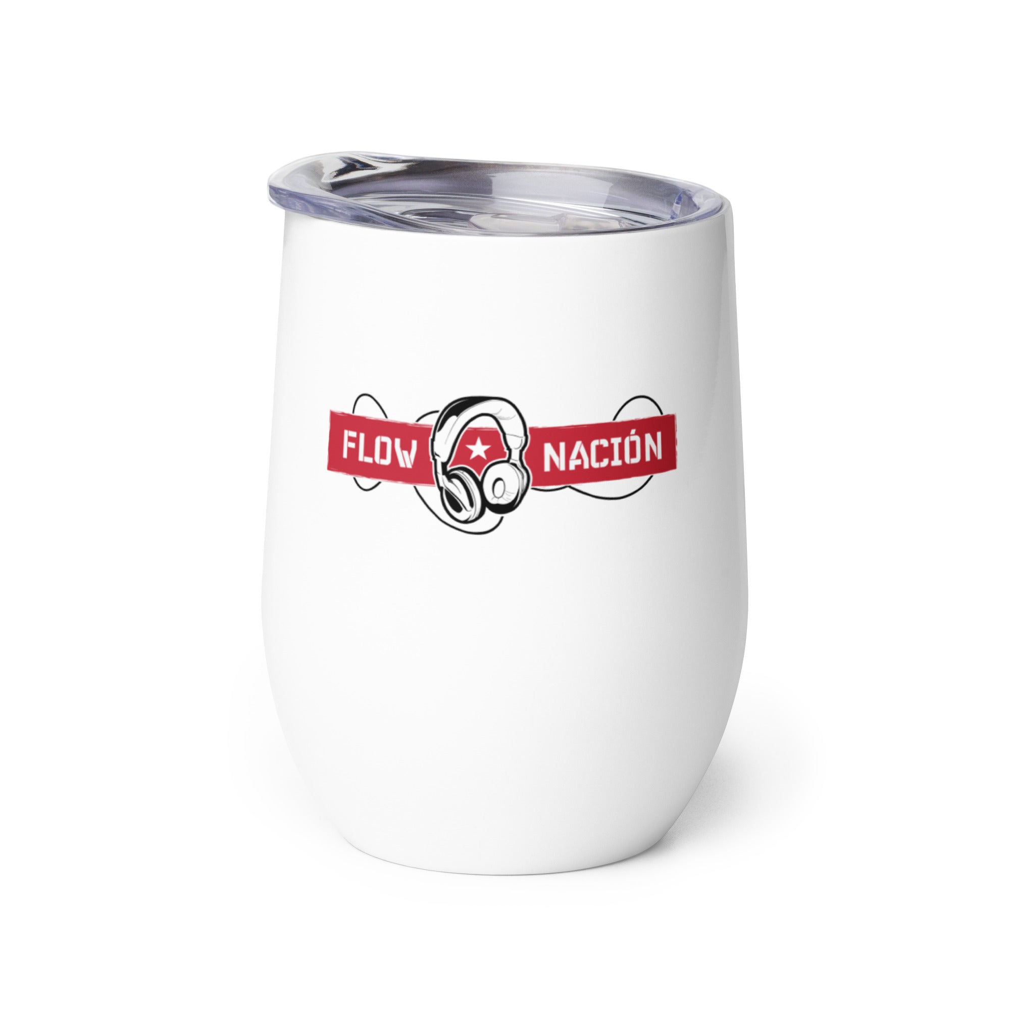 White insulated cup with a red banner featuring the words 'FLOW NACIÓN' and a graphic of headphones.