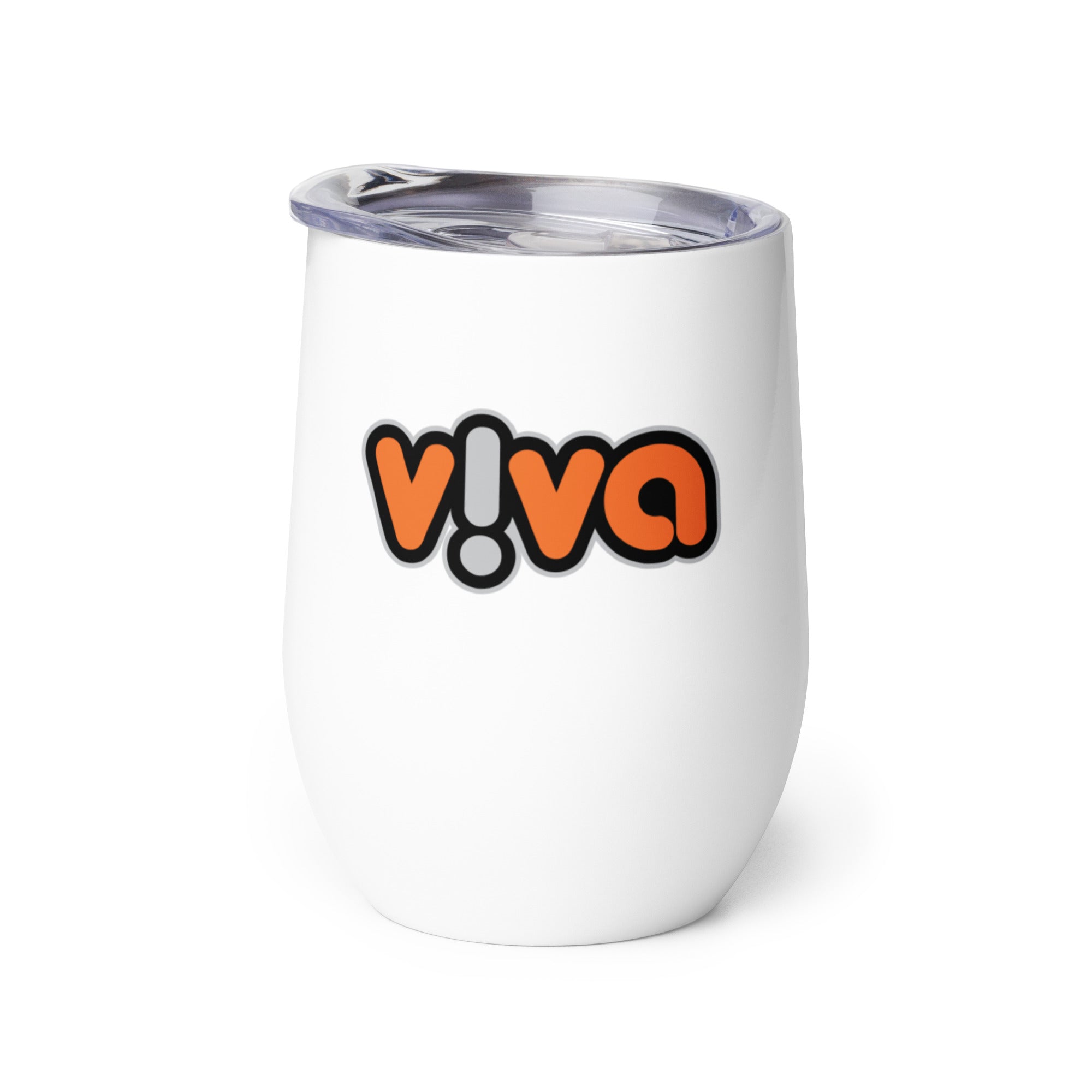 White insulated tumbler with a black and orange 'v!va' logo on the front.