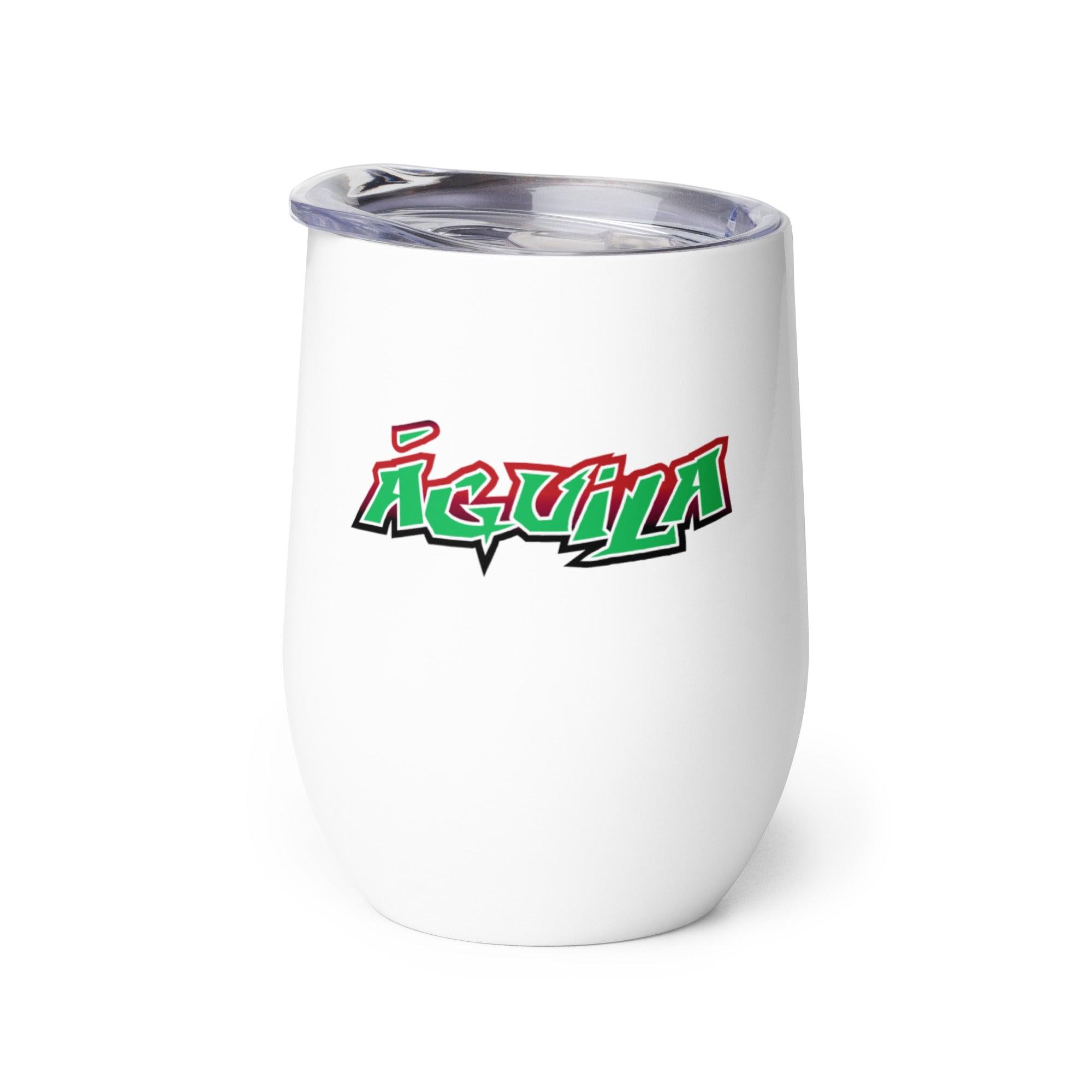 White insulated mug featuring the word 'Águila' in bold, colorful lettering.