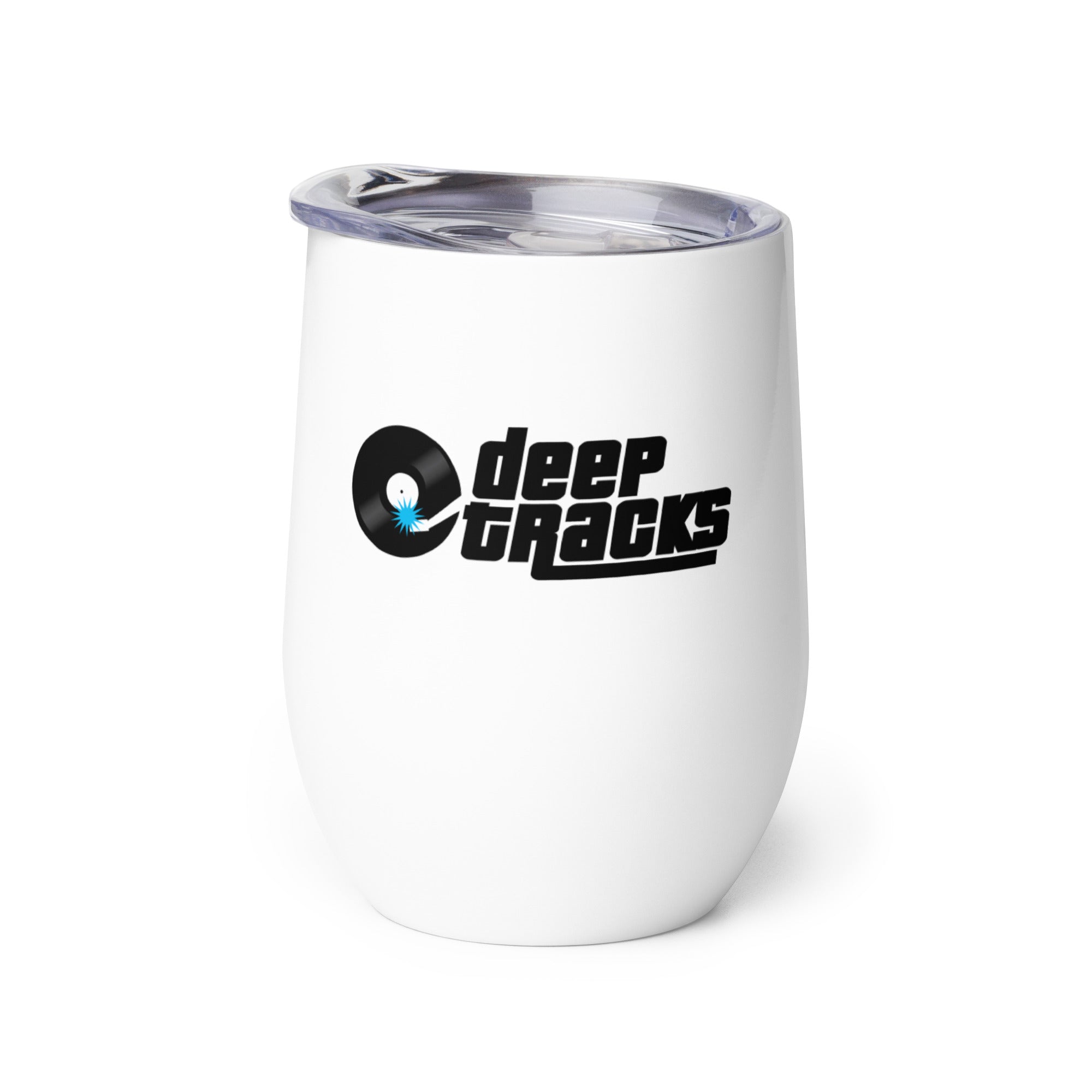 White insulated tumbler with 'deep TRACKS' logo and vinyl record illustration.