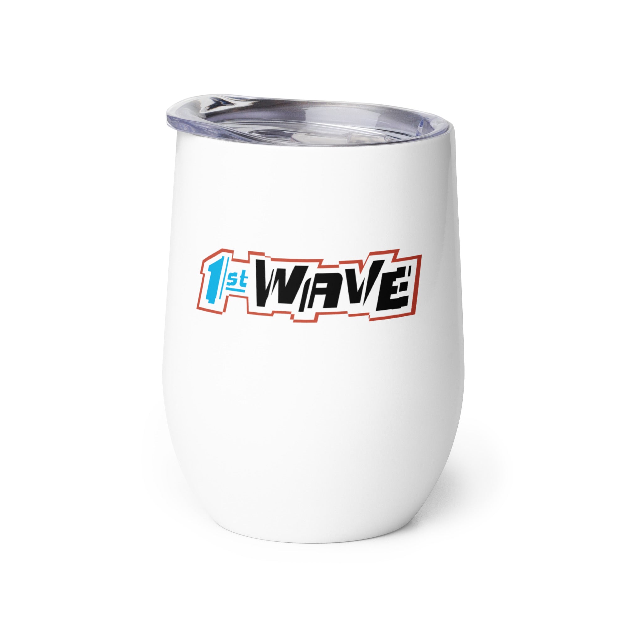 White insulated tumbler with '1st WAVE' logo design.