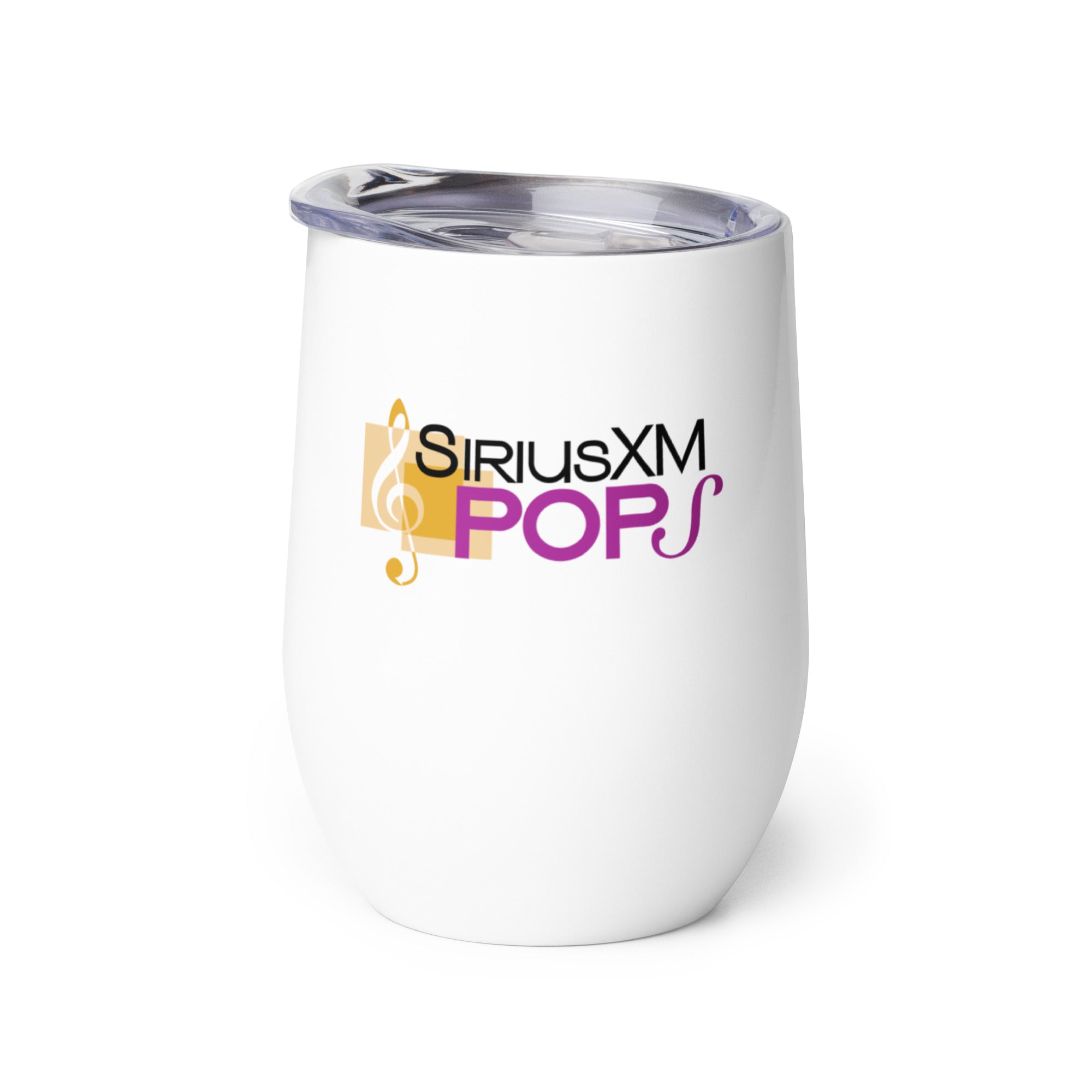 White tumbler with 'SiriusXM POPS' logo in purple and yellow with transparent lid on top.
