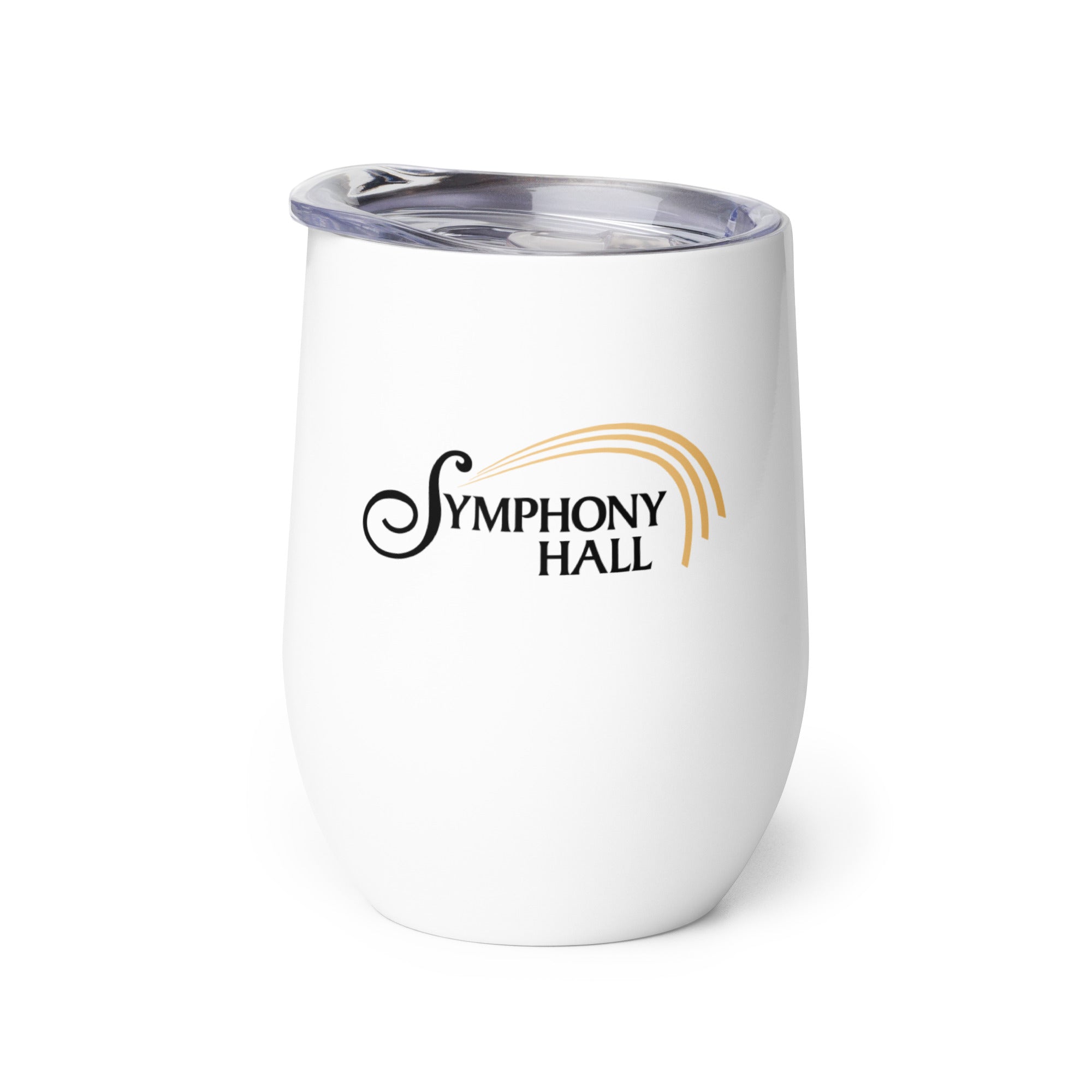 White insulated cup with lid featuring the logo 'Symphony Hall' in black and gold.