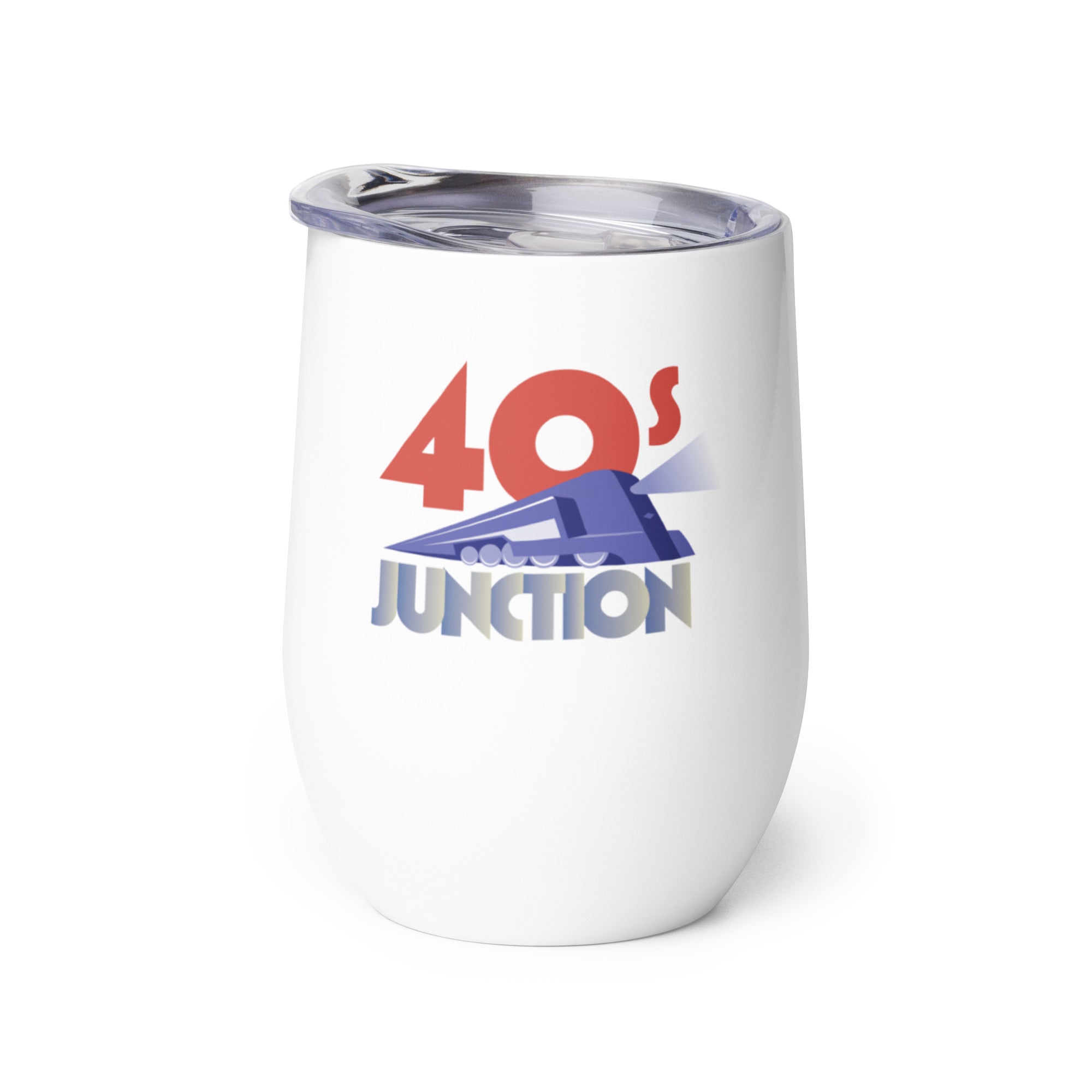 White tumbler with '40s Junction' text and a graphic of a blue train.