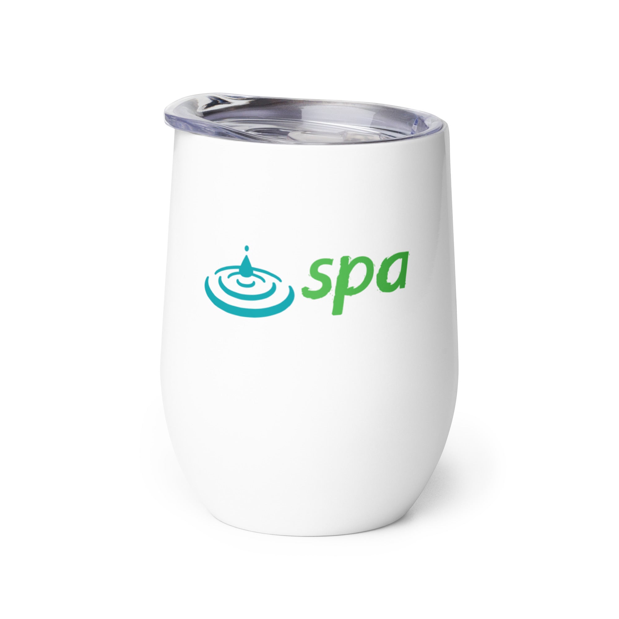 White insulated cup with a logo featuring a water droplet and the word 'spa' in green and blue.
