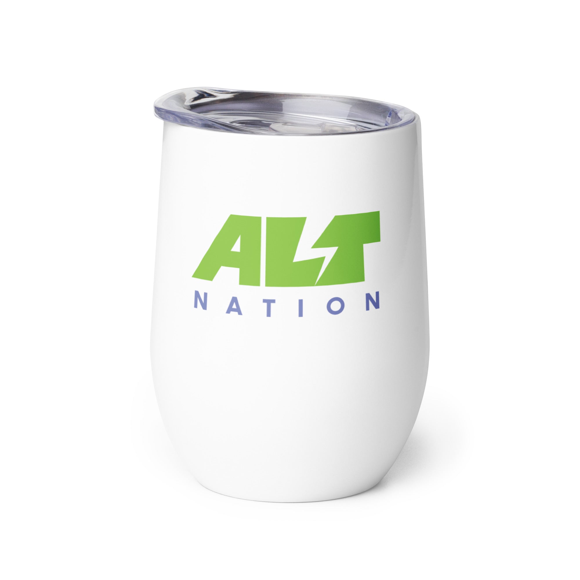 White insulated tumbler with 'ALT NATION' logo featuring green and blue colors.