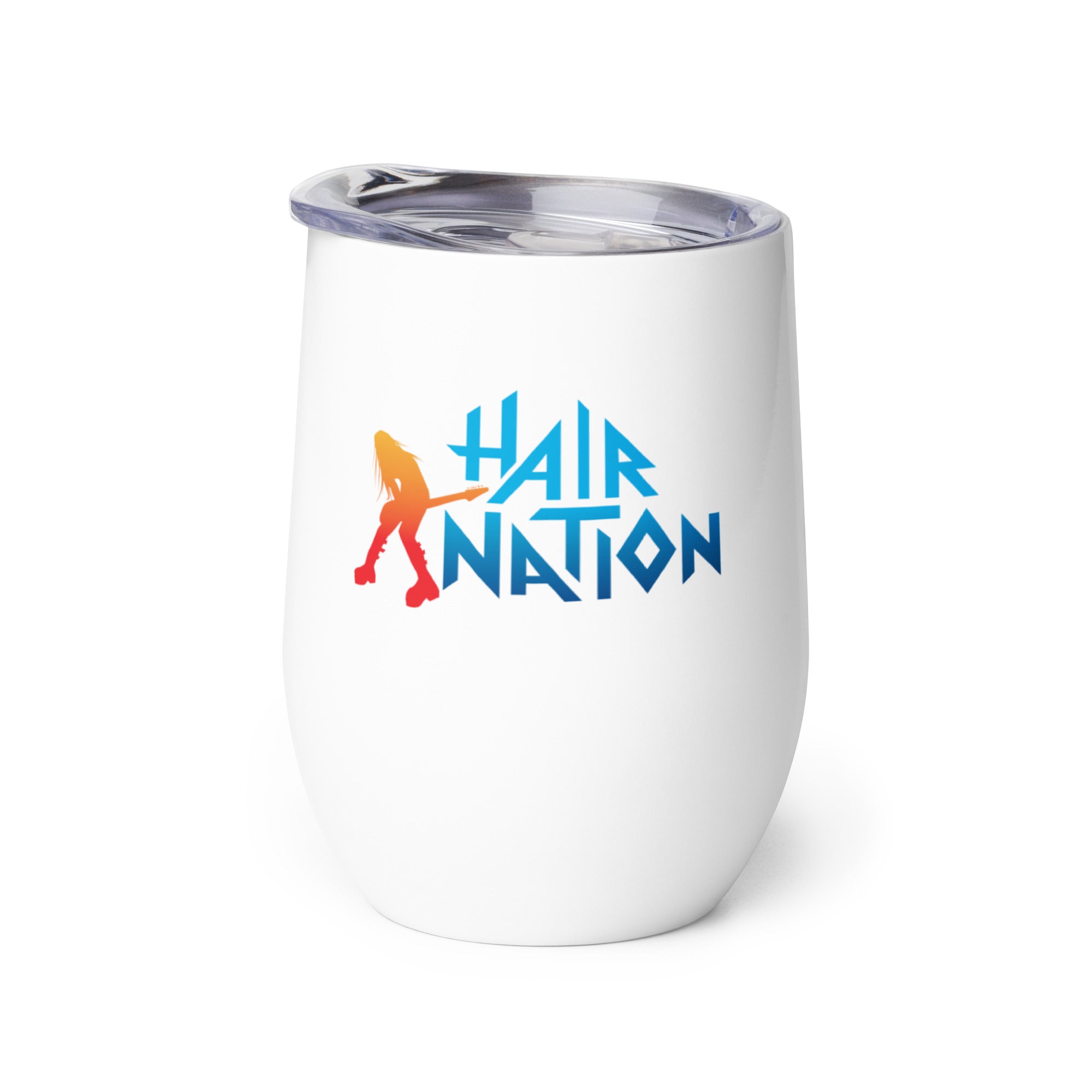 White insulated mug featuring the colorful 'Hair Nation' logo with a silhouette of a musician.